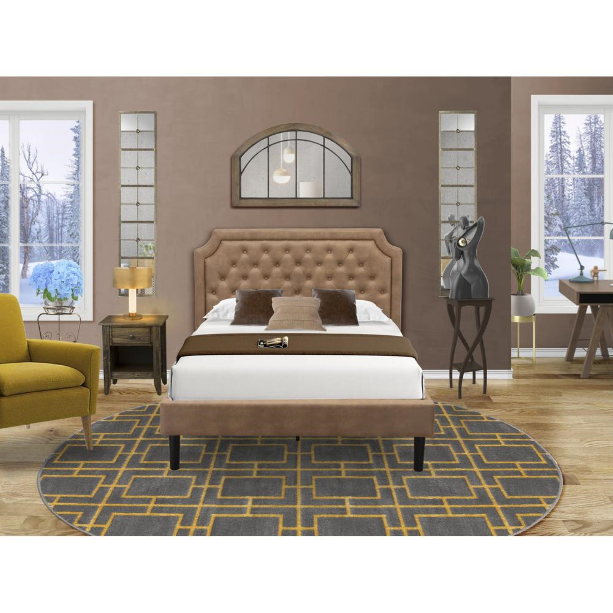 GB28F-1GA07 2-Piece Granbury Bed Set with Upholstered Bed and Distressed Jacobean Nightstand - Brown Faux Leather and Black Legs
