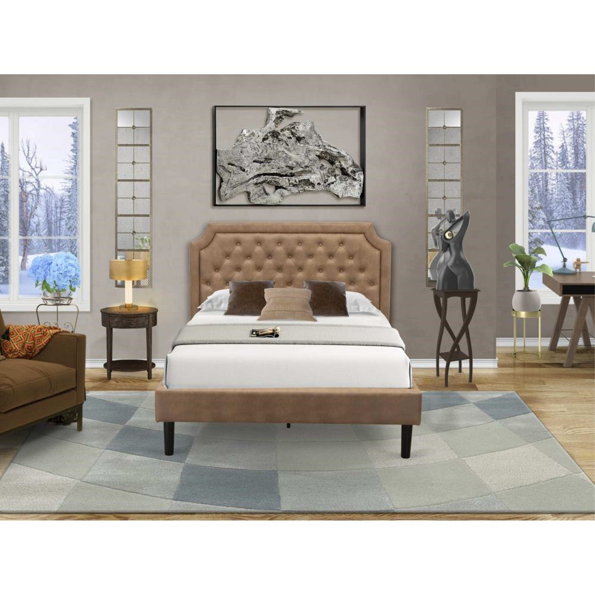 GB28F-1HI07 2-Pc Bedroom Furniture Set with Full Bed and Distressed Jacobean Small End Table - Brown Faux Leather and Black Legs