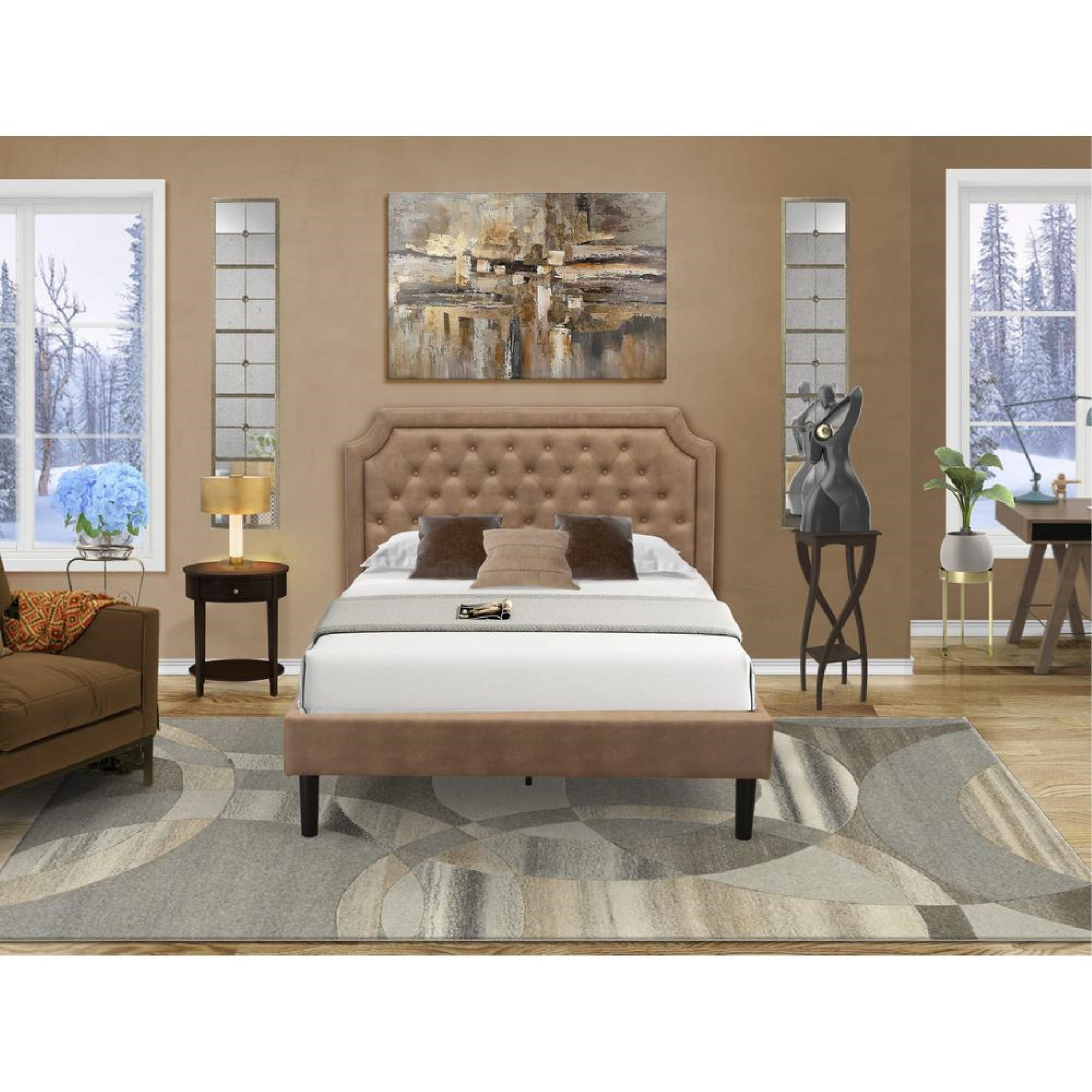 GB28F-1HI0M 2-Piece Full Bed Set with a Bed and Antique Mahogany Modern Nightstand - Brown Faux Leather and Black Legs