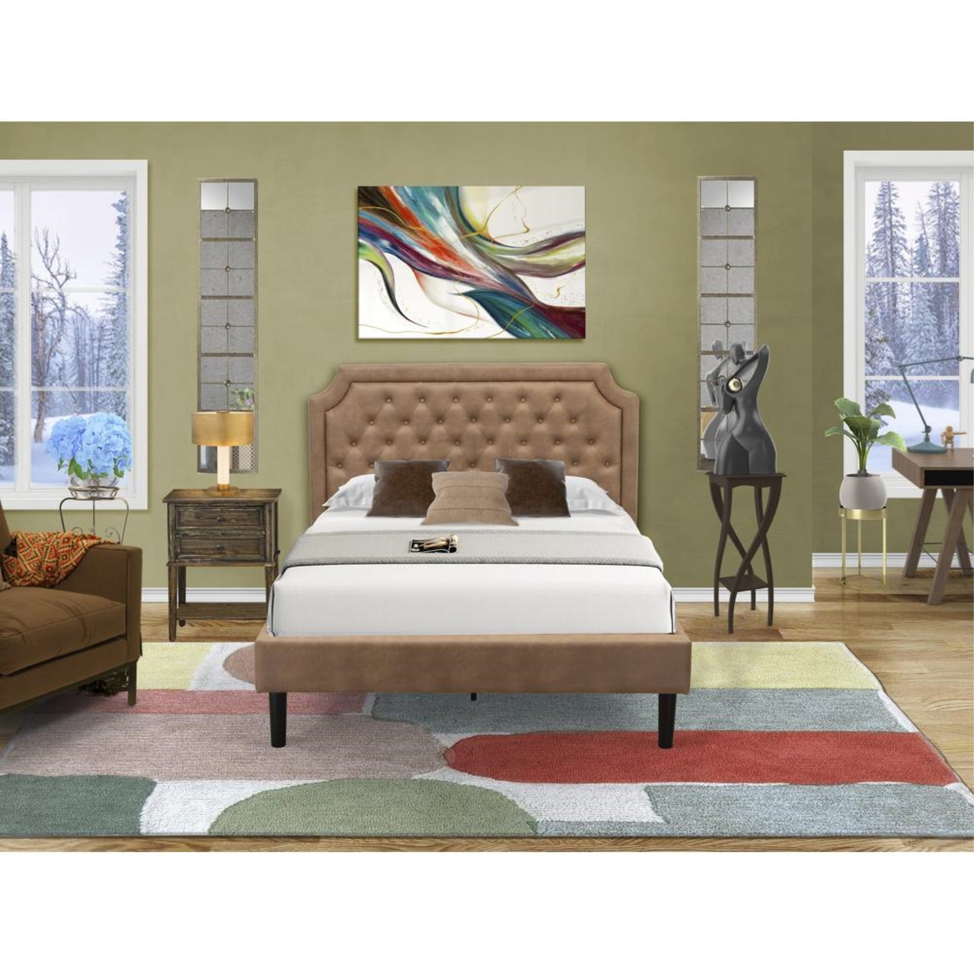 GB28F-1VL07 2-Piece Platform Bedroom set with Full Bed and Distressed Jacobean Night Stand - Brown Faux Leather and Black Legs