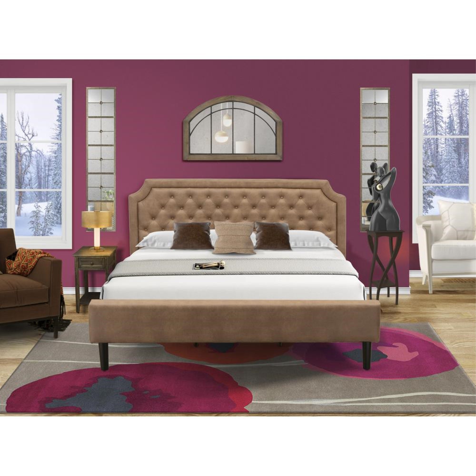 GB28K-1DE07 2-Pc King Size Bedroom set with Frame and Distressed Jacobean Modern Nightstand - Brown Faux Leather and Black Legs
