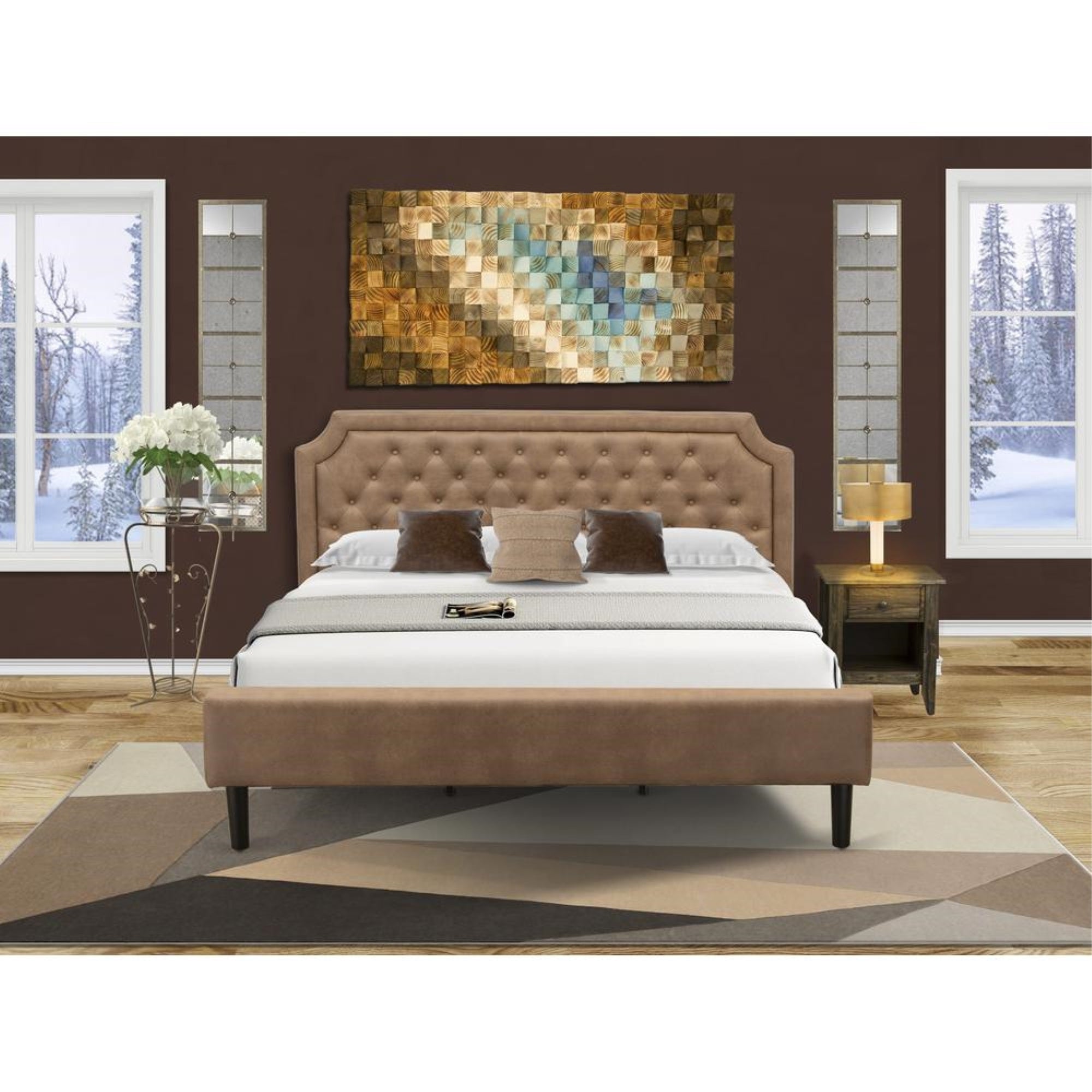 GB28K-1GA07 2-Piece Platform Bedroom Set with a King Frame and 1 Distressed Jacobean End Table - Brown Faux Leather and Black Legs