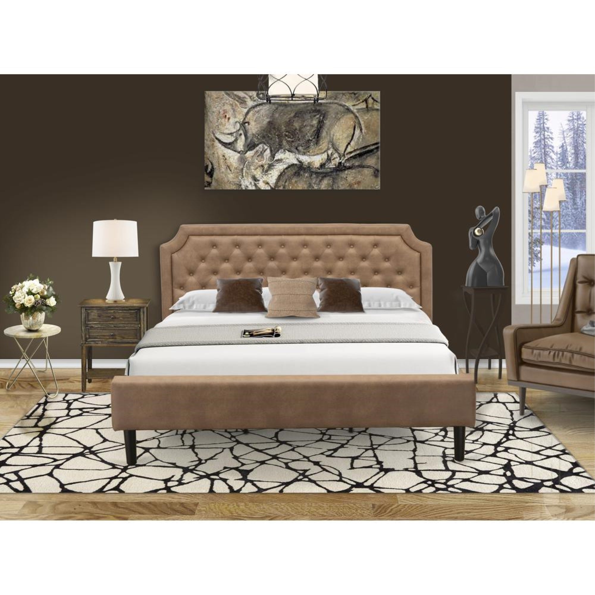 GB28K-1VL07 2-Pc Wooden Set for Bedroom with Frame and Distressed Jacobean Modern Nightstand - Brown Faux Leather and Black Legs