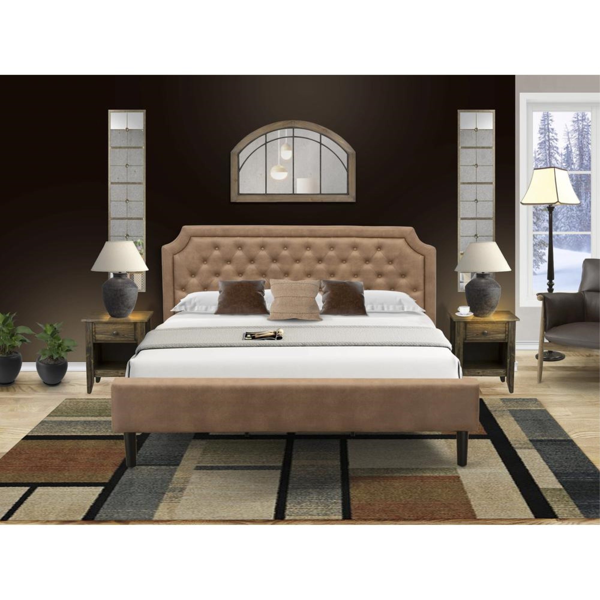GB28K-2GA07 3-Piece Platform Bed Set with a Modern Bed and 2 Distressed Jacobean End Tables - Brown Faux Leather and Black Legs