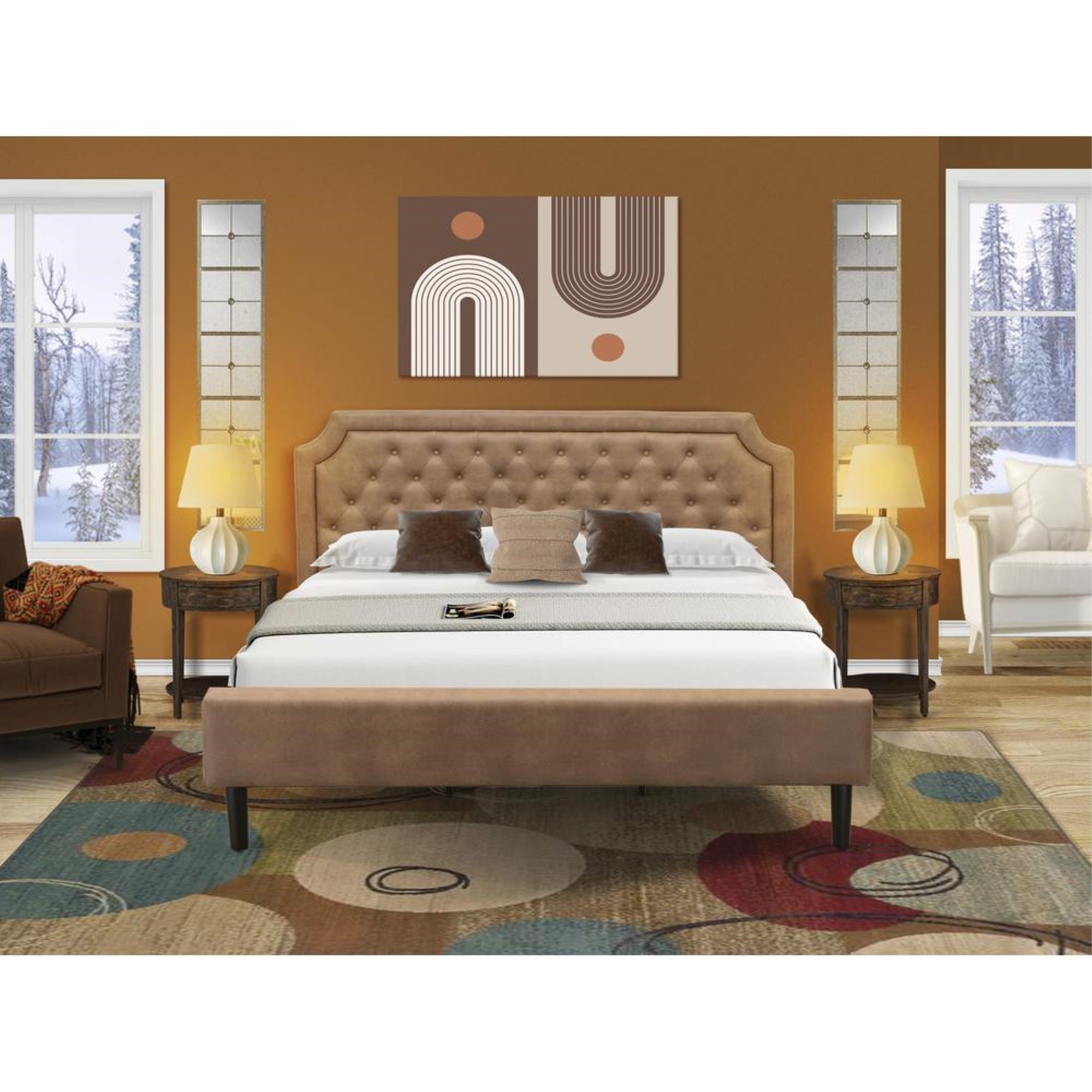 GB28K-2HI07 3-Pc Granbury Bed Set with a King Bed and 2 Distressed Jacobean Small Nightstands - Brown Faux Leather and Black Legs