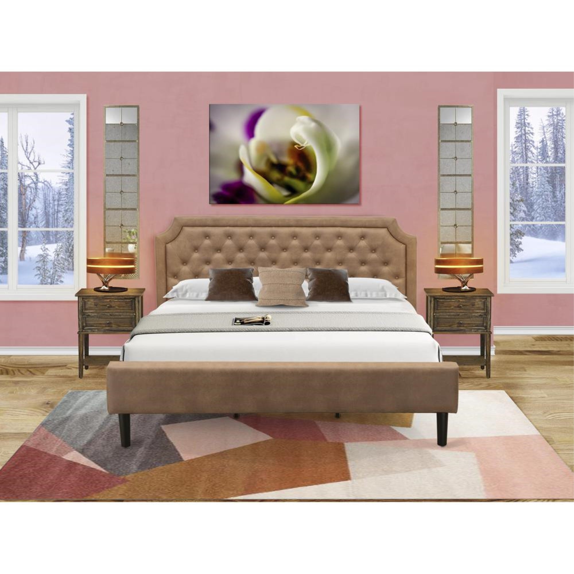 GB28K-2VL07 3-Pc Granbury Bed Set with a King Bedframe and 2 Distressed Jacobean Night Stand - Brown Faux Leather and Black Legs