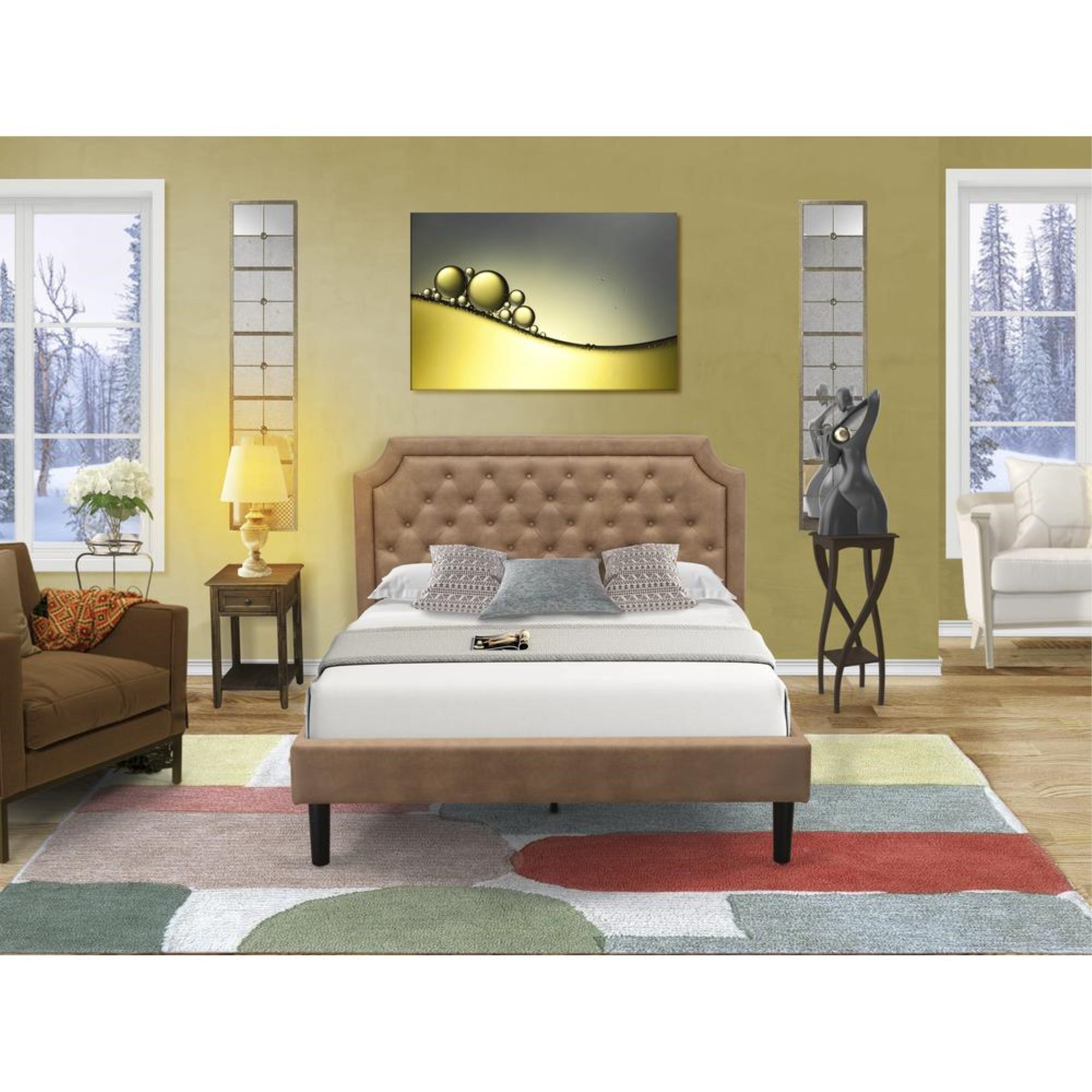 GB28Q-1DE07 2-Piece Platform Bed Set with a Platform Bed and 1 Distressed Jacobean End Tables - Brown Faux Leather and Black Legs