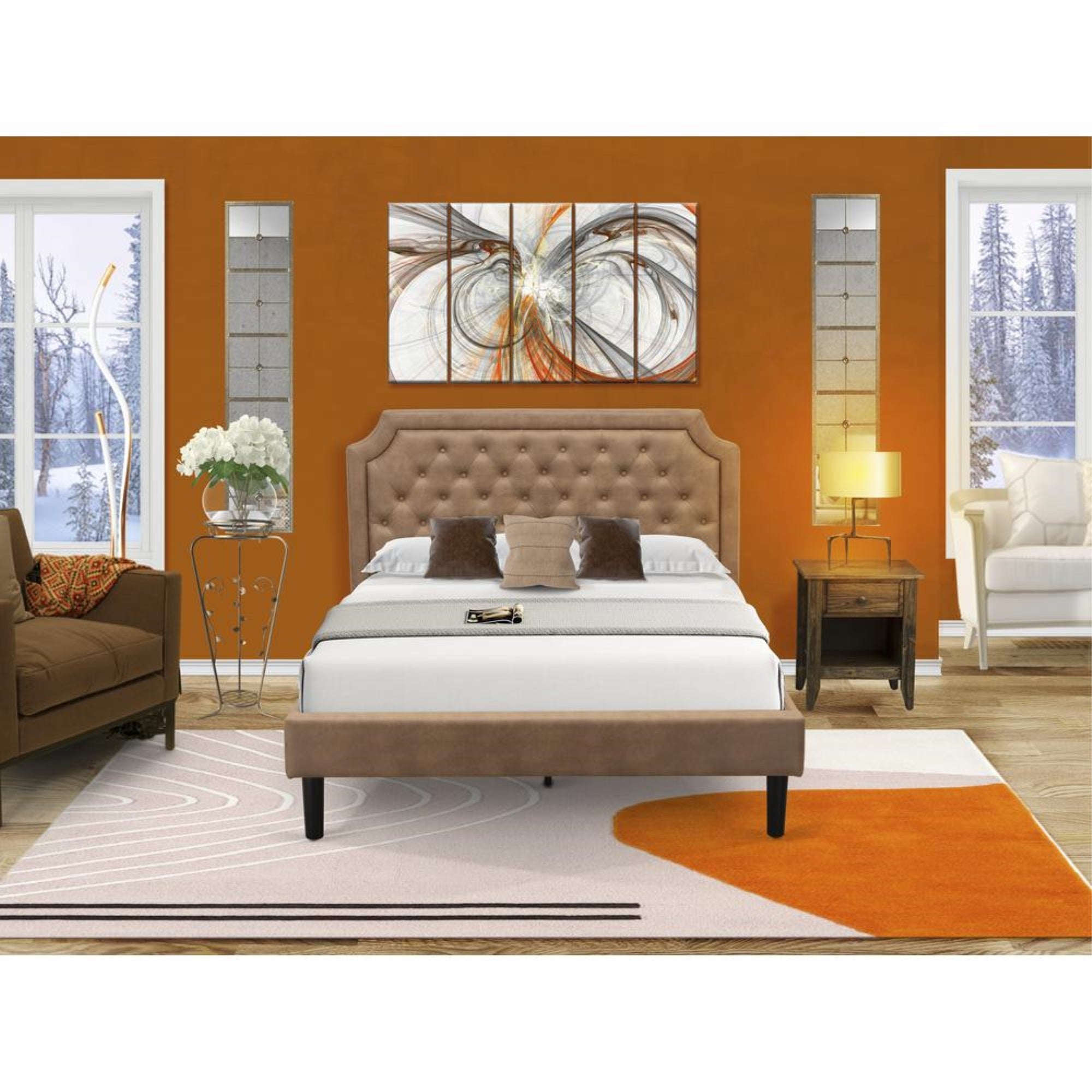 GB28Q-1GA07 2-Pc Granbury Queen Bed Set with Bed and 1 Distressed Jacobean Bedroom Nightstand - Brown Faux Leather and Black Legs