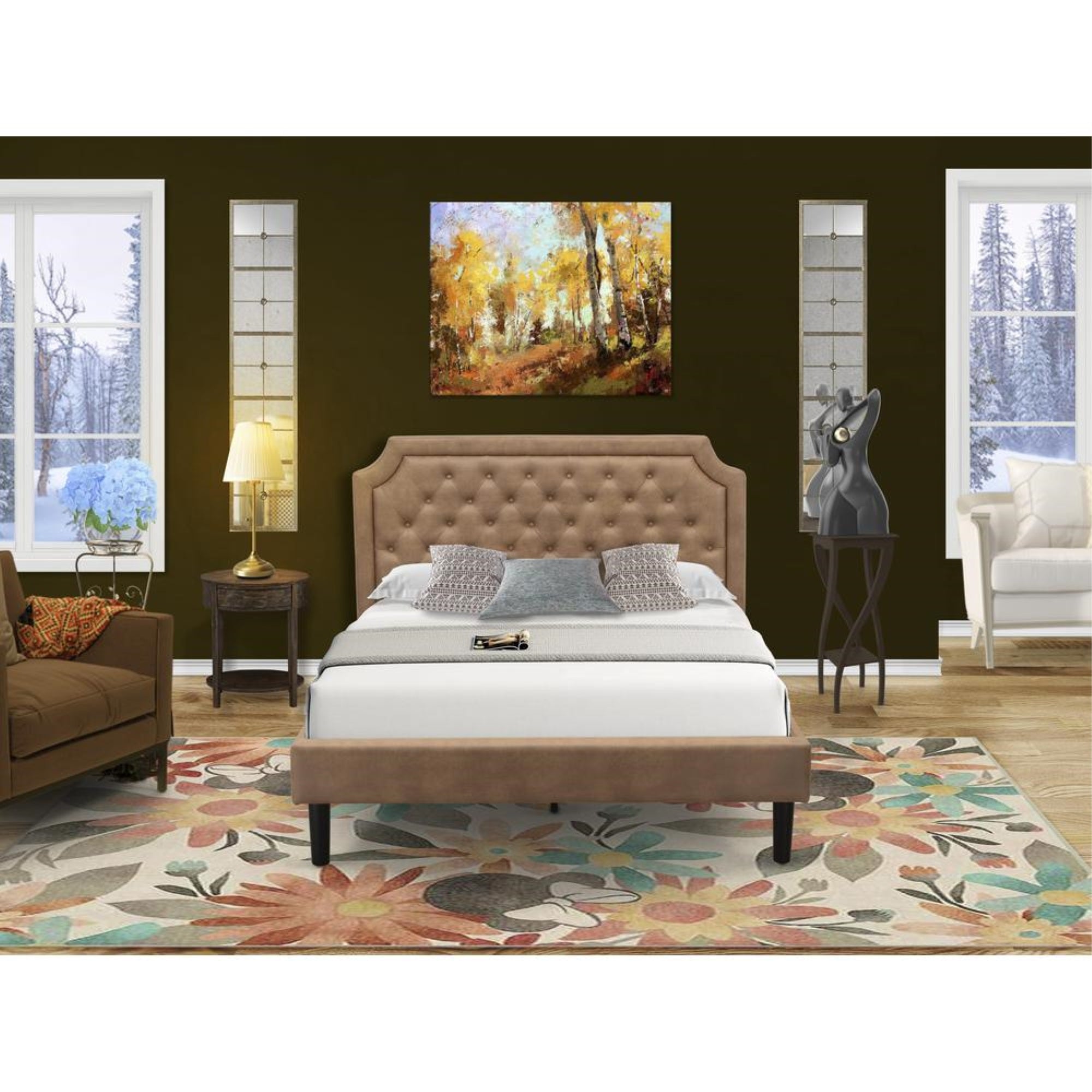 GB28Q-1HI07 2-Pc Platform Bedroom Set with Mid Century Bed and Distressed Jacobean Night Stand - Brown Faux Leather and Black Legs