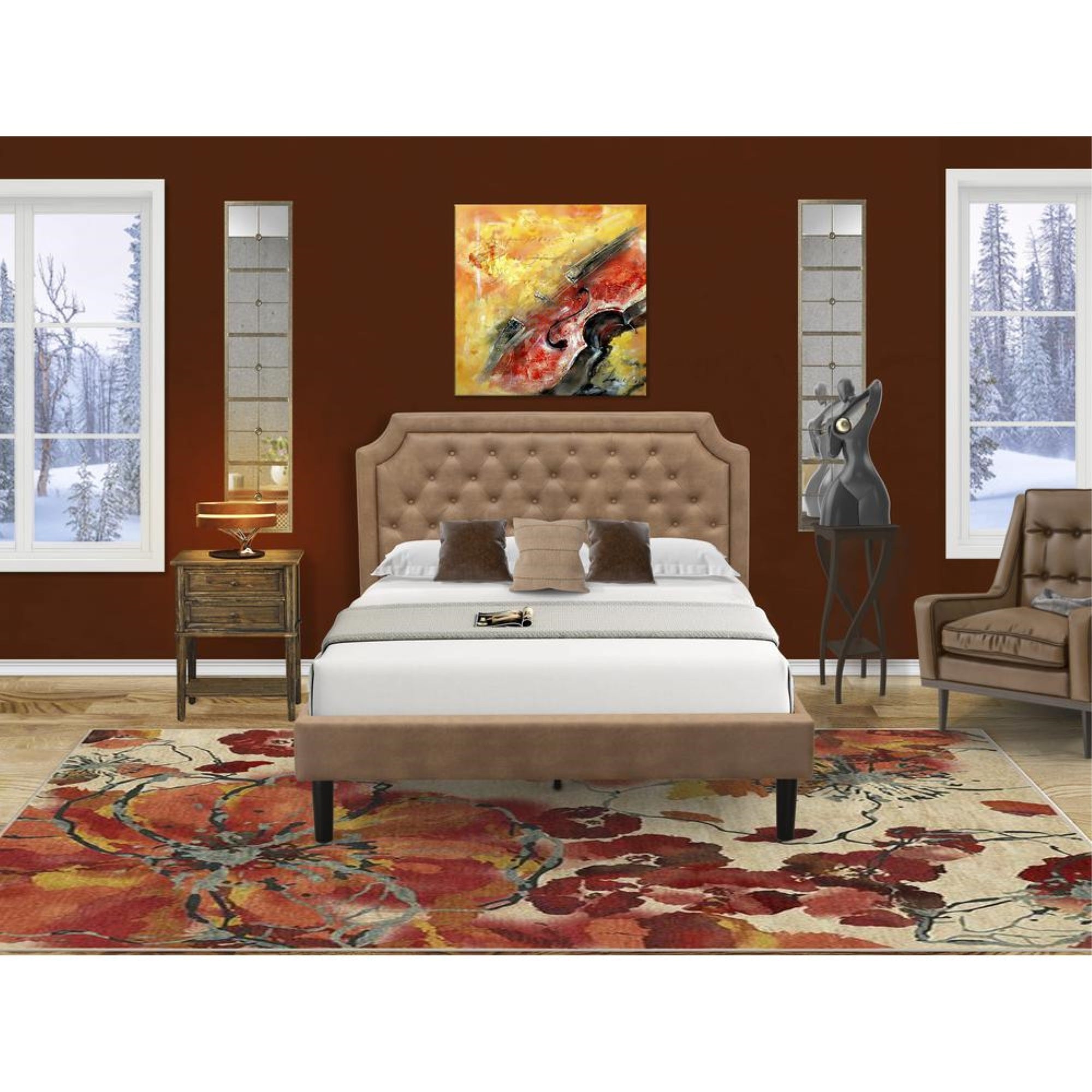 GB28Q-1VL07 2-Pc Bedroom Set with Queen Frame and Distressed Jacobean Night Stand for Bedrooms - Brown Faux Leather and Black Legs