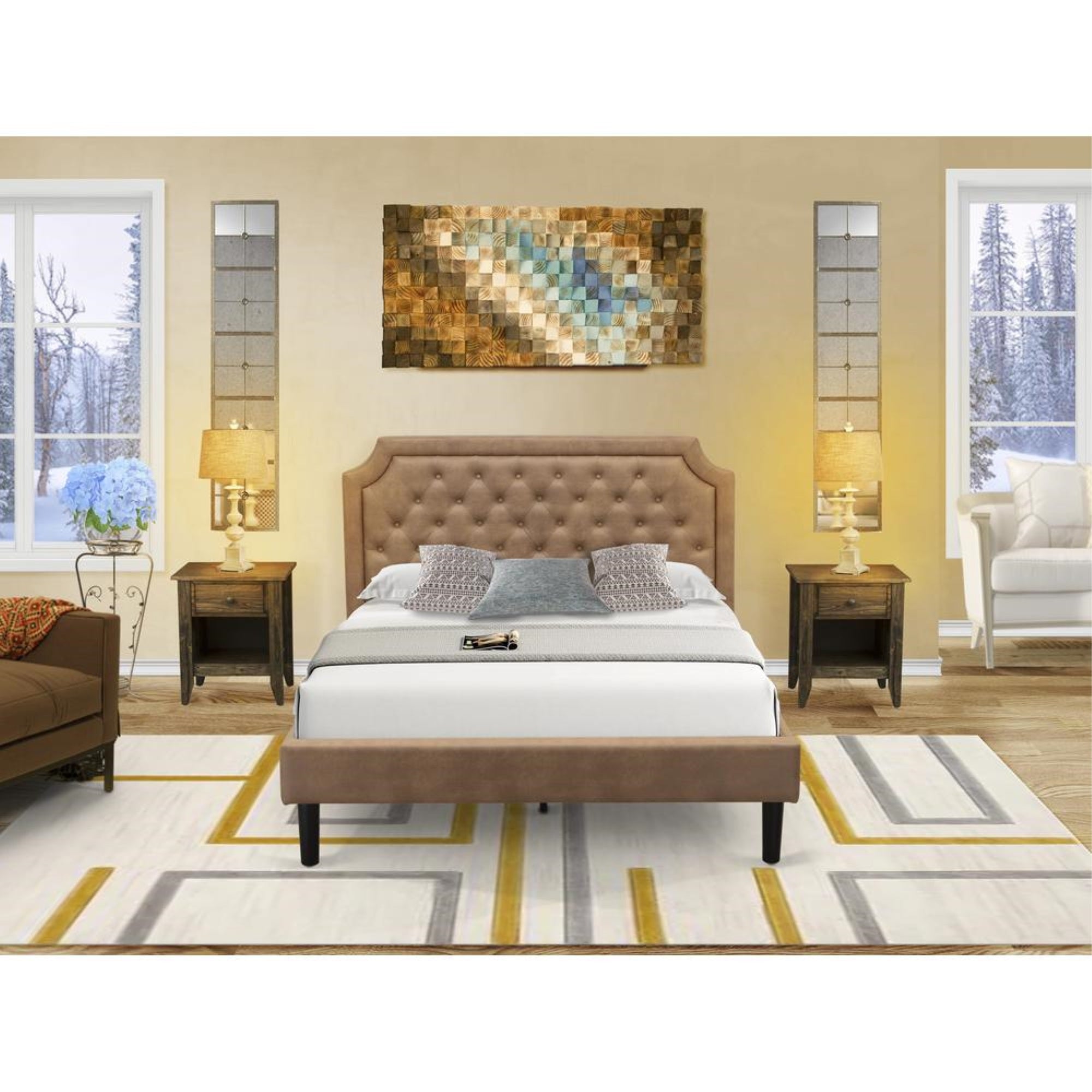 GB28Q-2GA07 3-Piece Bedroom Set with a Queen Size Bed and 2 Distressed Jacobean End Tables - Brown Faux Leather and Black Legs