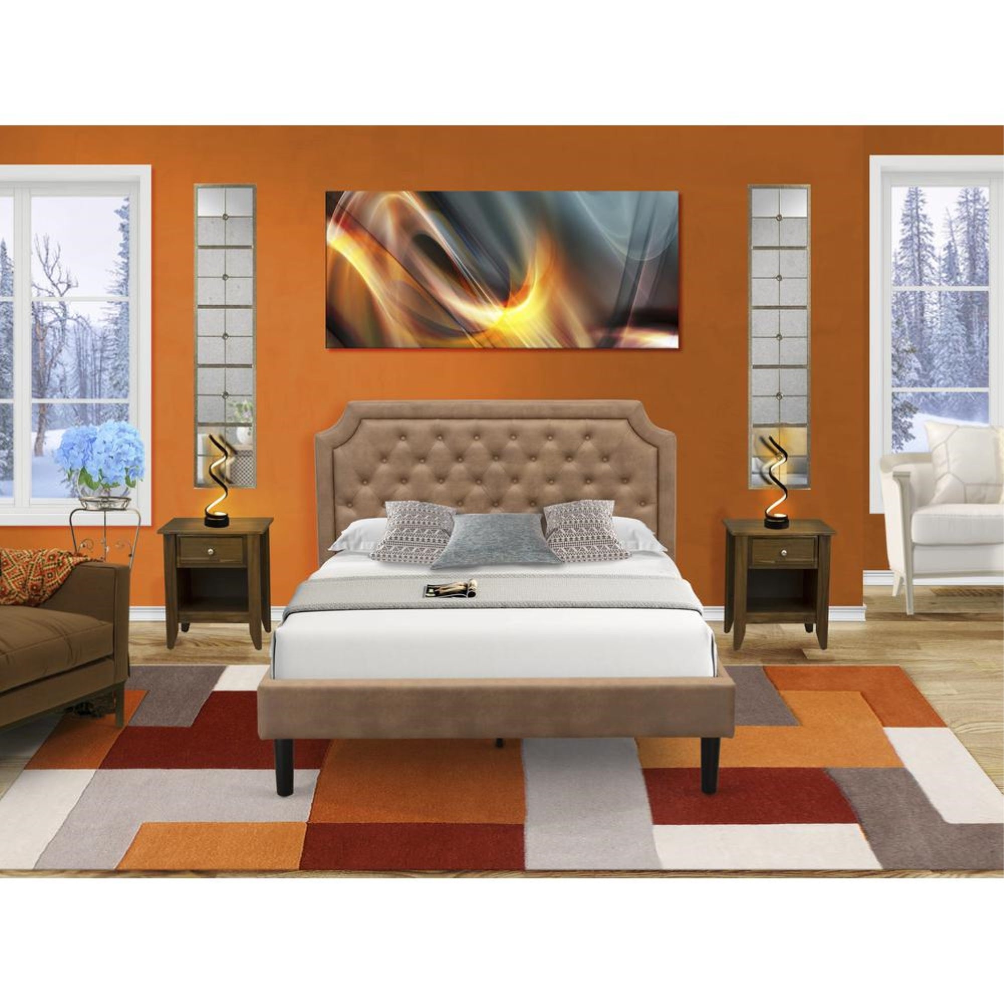 GB28Q-2GA08 3-Pc Bedroom Set with an Upholstered Bed and 2 Antique Walnut Small Nightstands - Brown Faux Leather and Black Legs