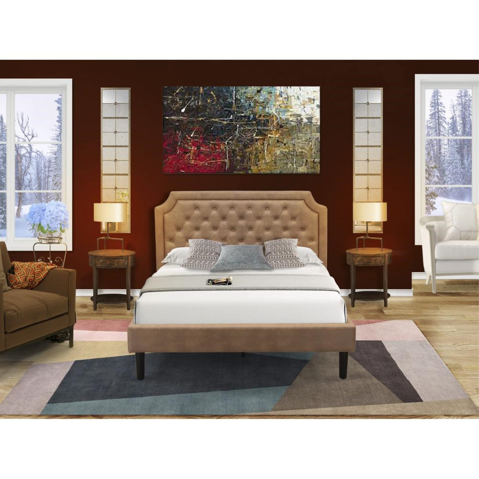 GB28Q-2HI07 3-Piece Wooden Set for Bedroom with Bedframe and 2 Distressed Jacobean End Tables - Brown Faux Leather and Black Legs