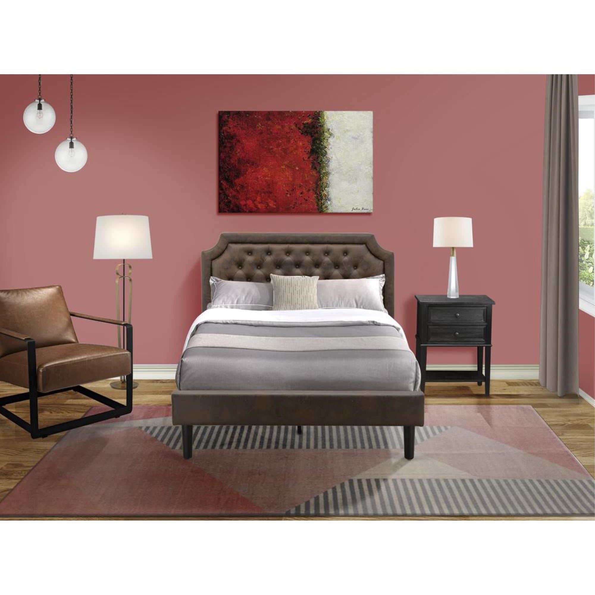 GBF-25-F Bed Frame Consist of Black Textured Upholstered Headboard, Footboard and Wood Rails, Slats - Wooden 9 Legs - Black Finish
