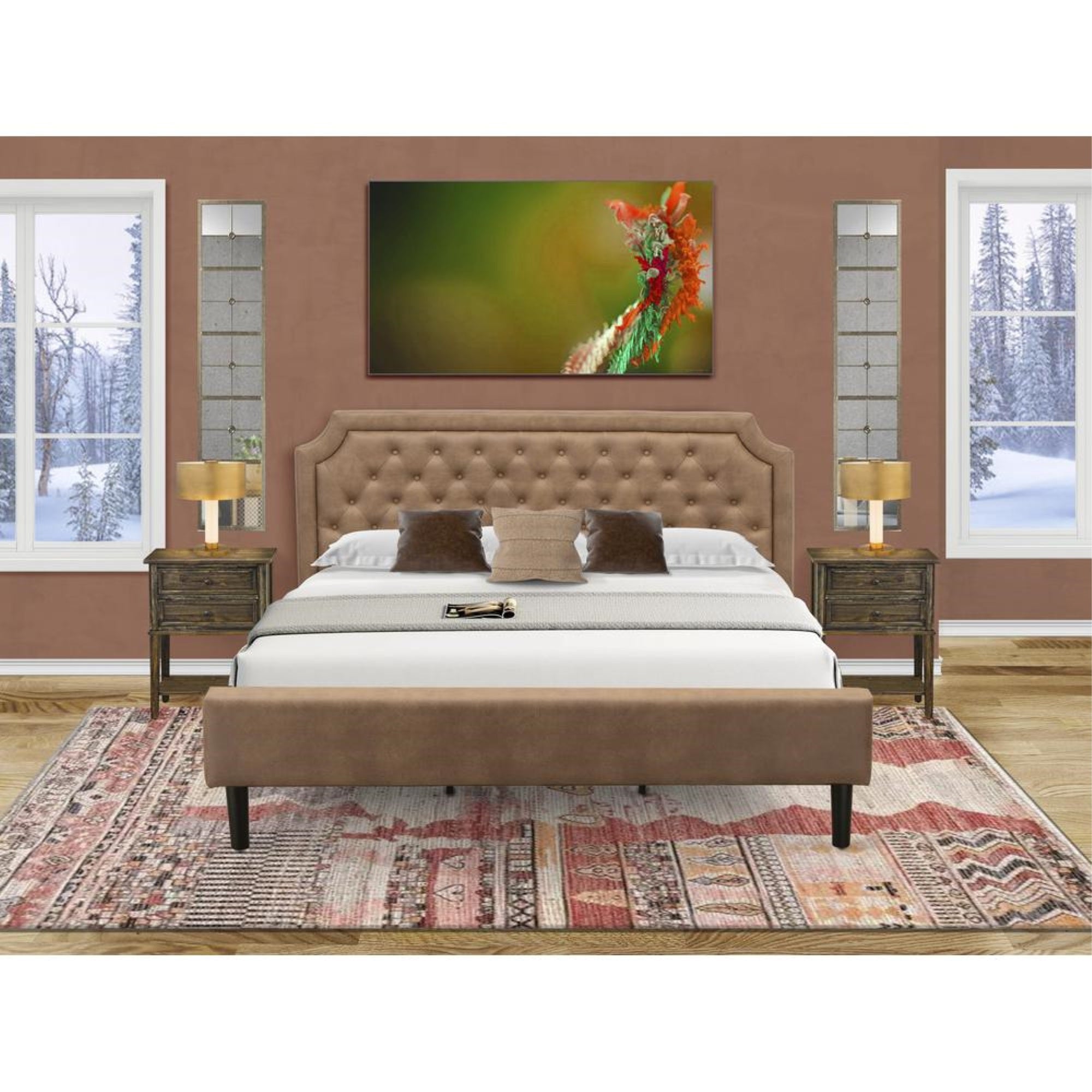 GBF-28-K King Bed Contains Brown Textured Upholstered Headboard, Footboard and Wood Rails, Slats - Wooden 9 Legs - Black Finish
