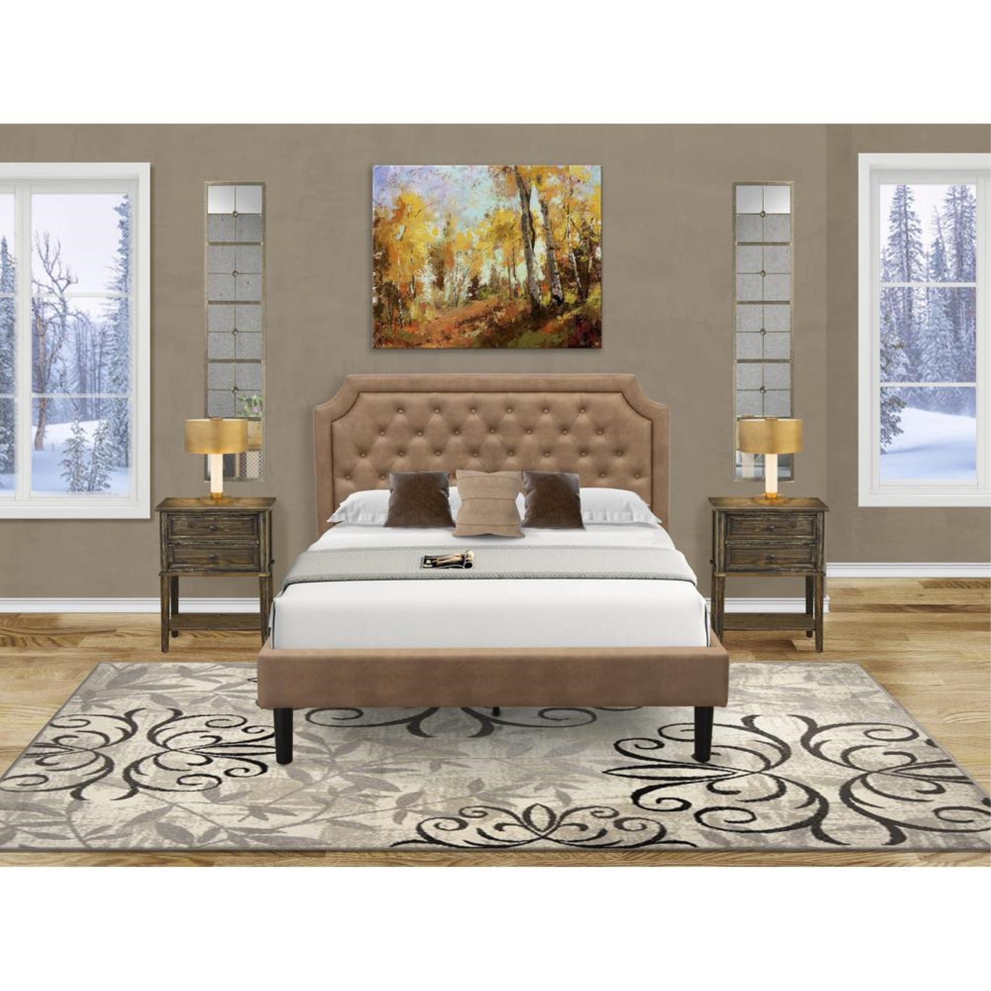 GBF-28-Q Queen Bed Includes Brown Textured Upholstered Headboard, Footboard and Wood Rails, Slats - Wooden 9 Legs - Black Finish
