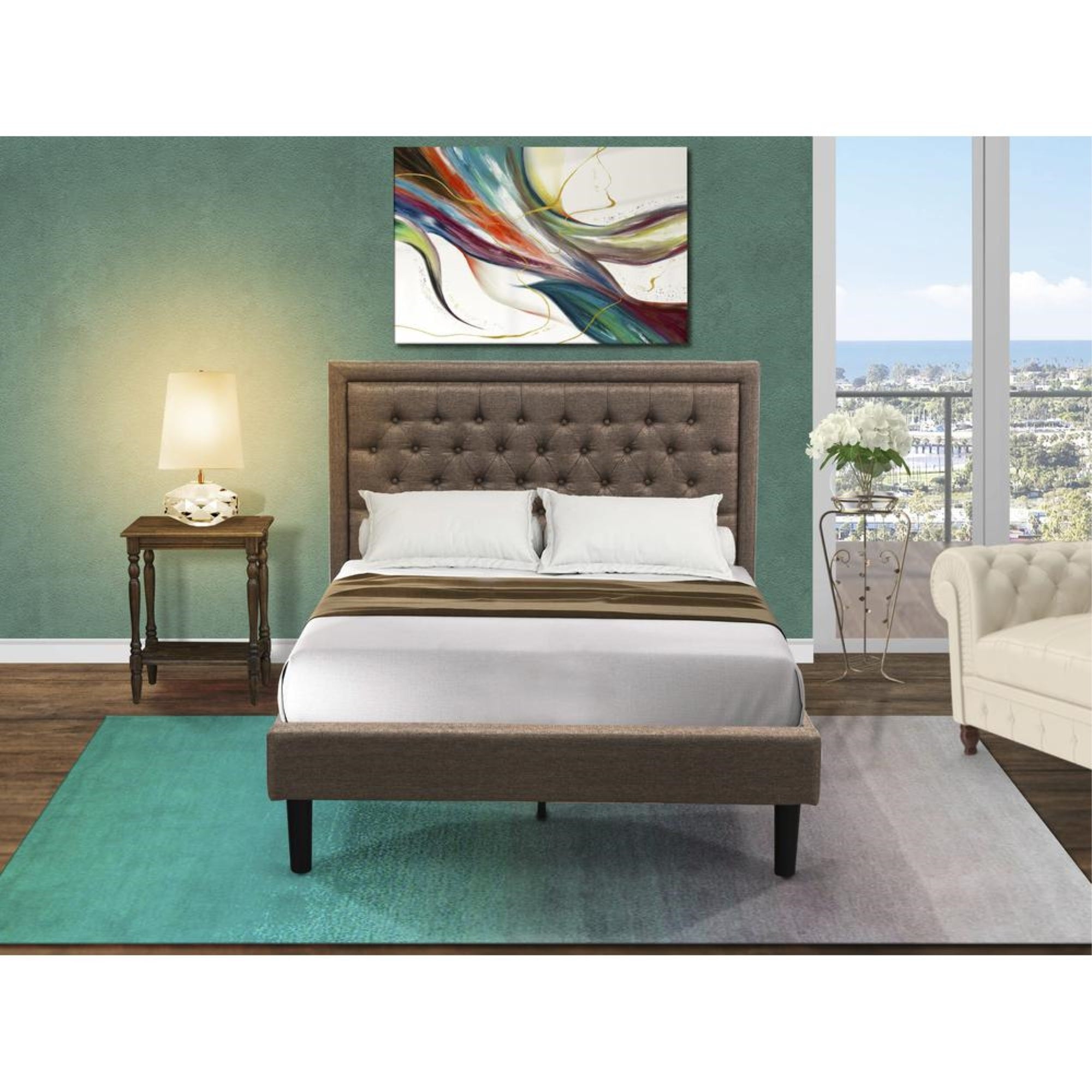 KD16F-1BF07 2 Pc Bed Set - Full Size Bed Dark Khaki Padded Headboard with 1 Nightstand - Black Finish Legs