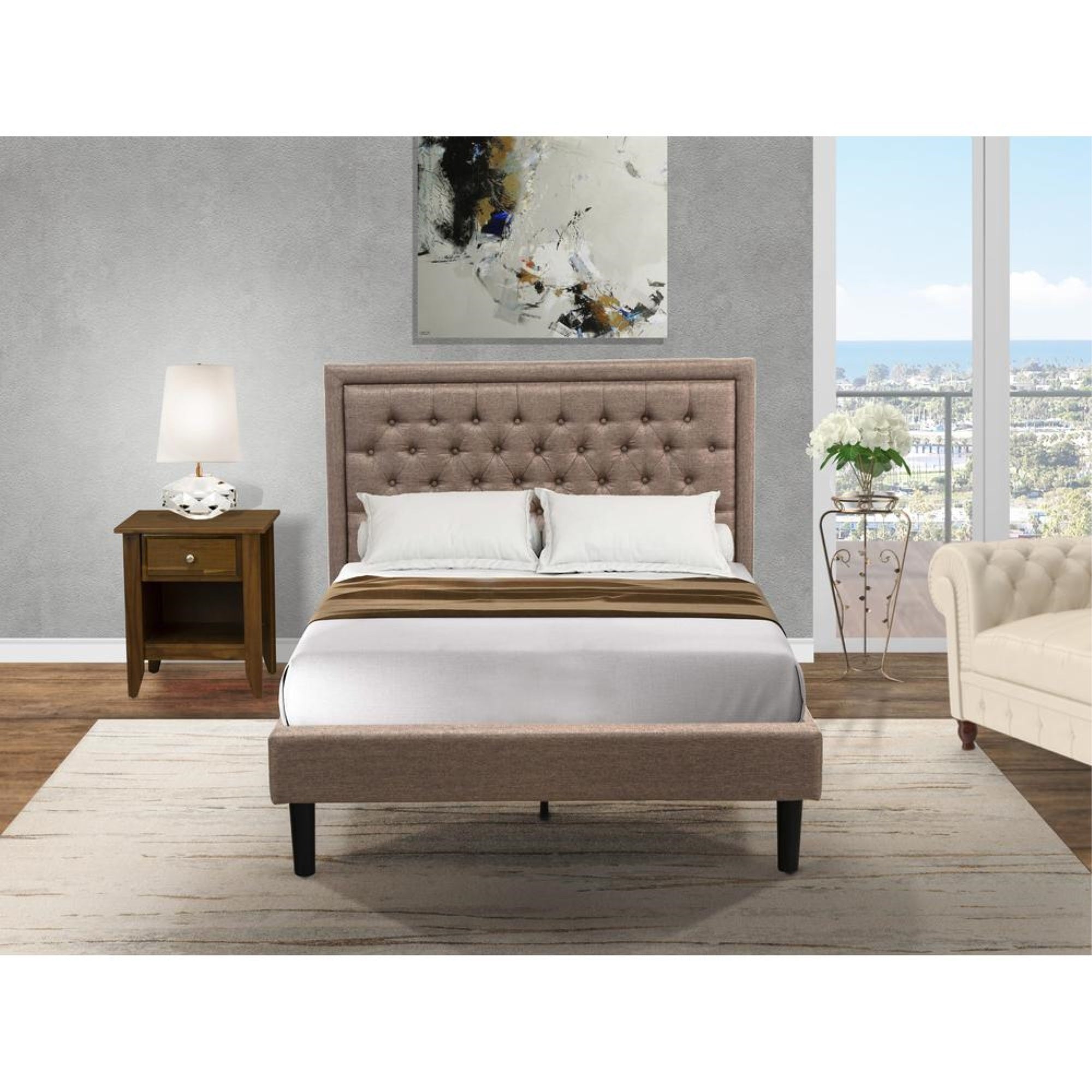 KD16F-1GA08 2 Pc Full Bed Set - Platform Bed Dark Khaki Headboard with 1 Wood Night Stand - Black Finish Legs