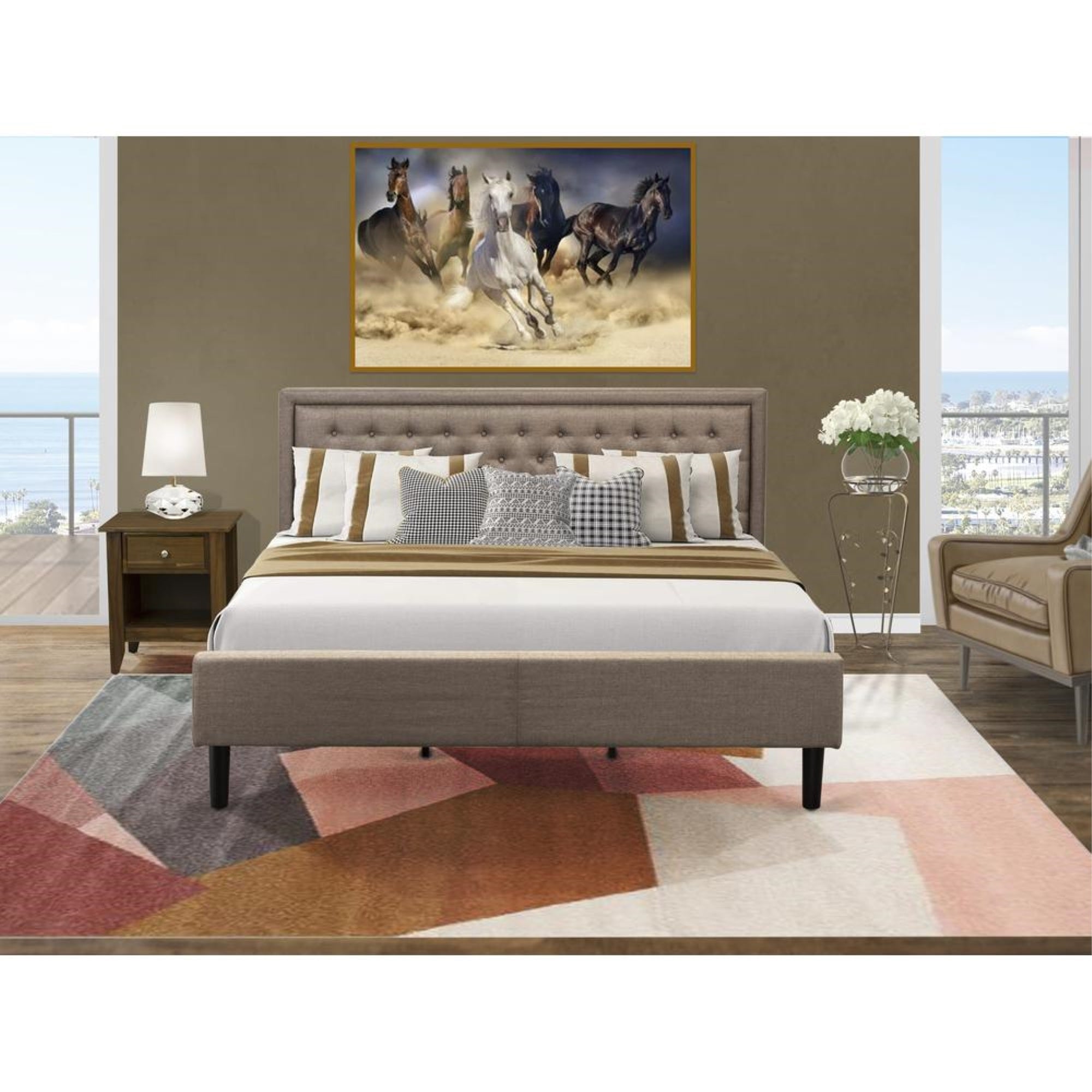 KD16K-1GA08 2 Pc Bedroom Set - Wood Bed Frame Dark Khaki Headboard with 1 Small Nightstand - Black Finish Legs