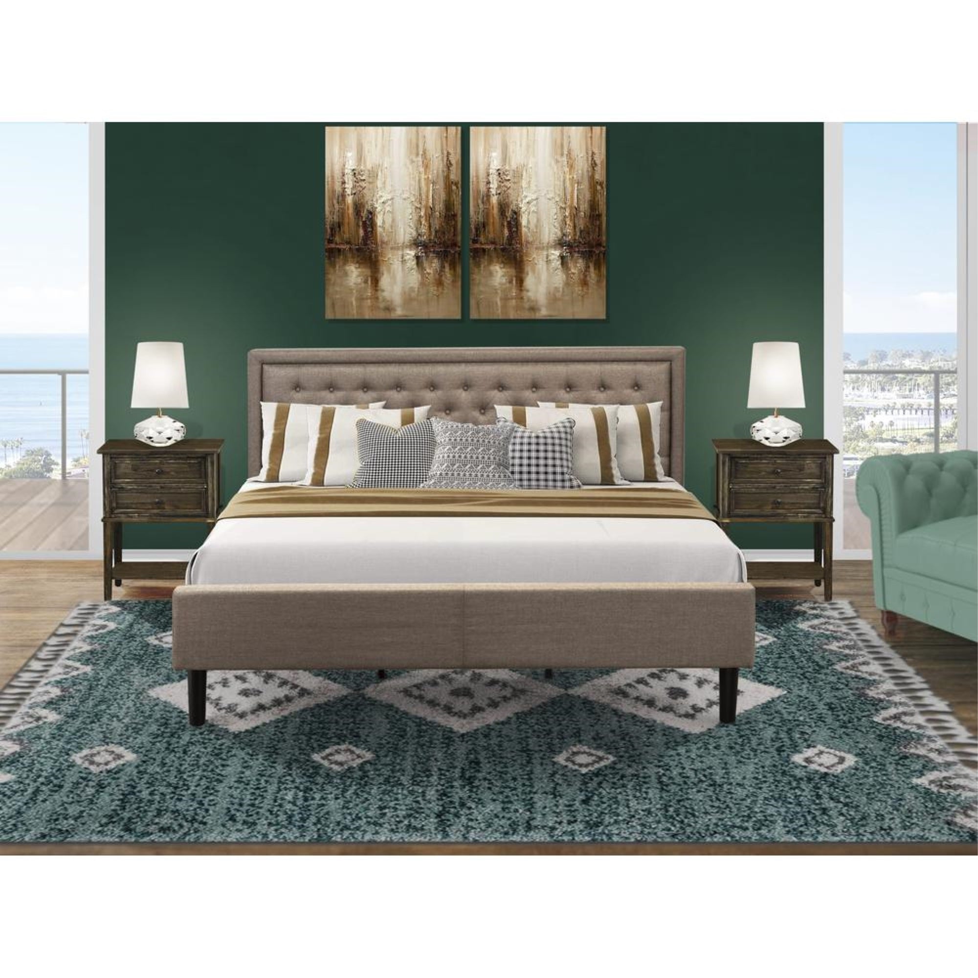 KD16K-2VL07 3 Pc Bed Set - Platform Bed Dark Khaki Headboard with 2 Bedroom Nightstand - Black Finish Legs