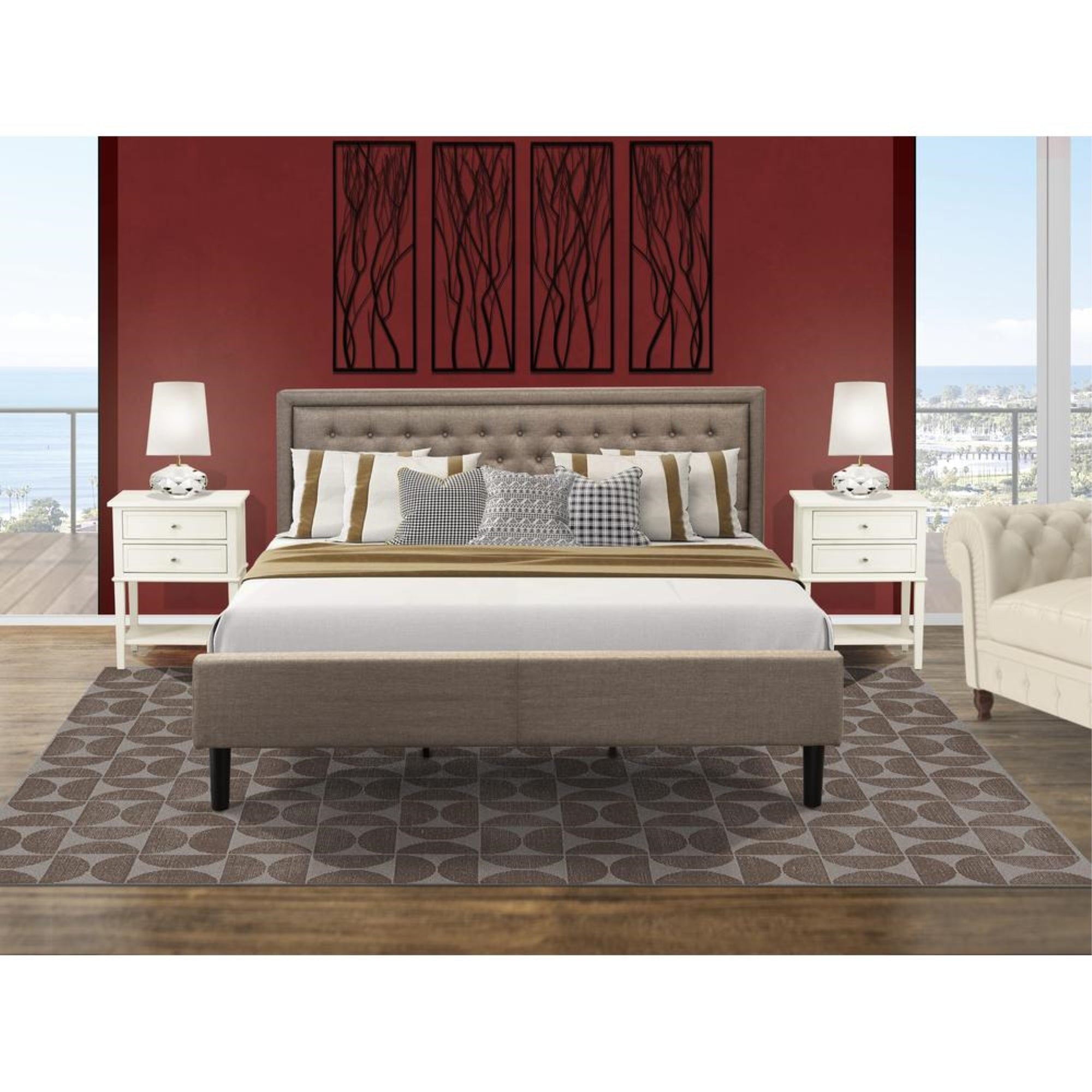 KD16K-2VL0C 3 Pc Bedroom Set - Wooden Bed Dark Khaki Headboard with 2 Wood Night Stand - Black Finish Legs