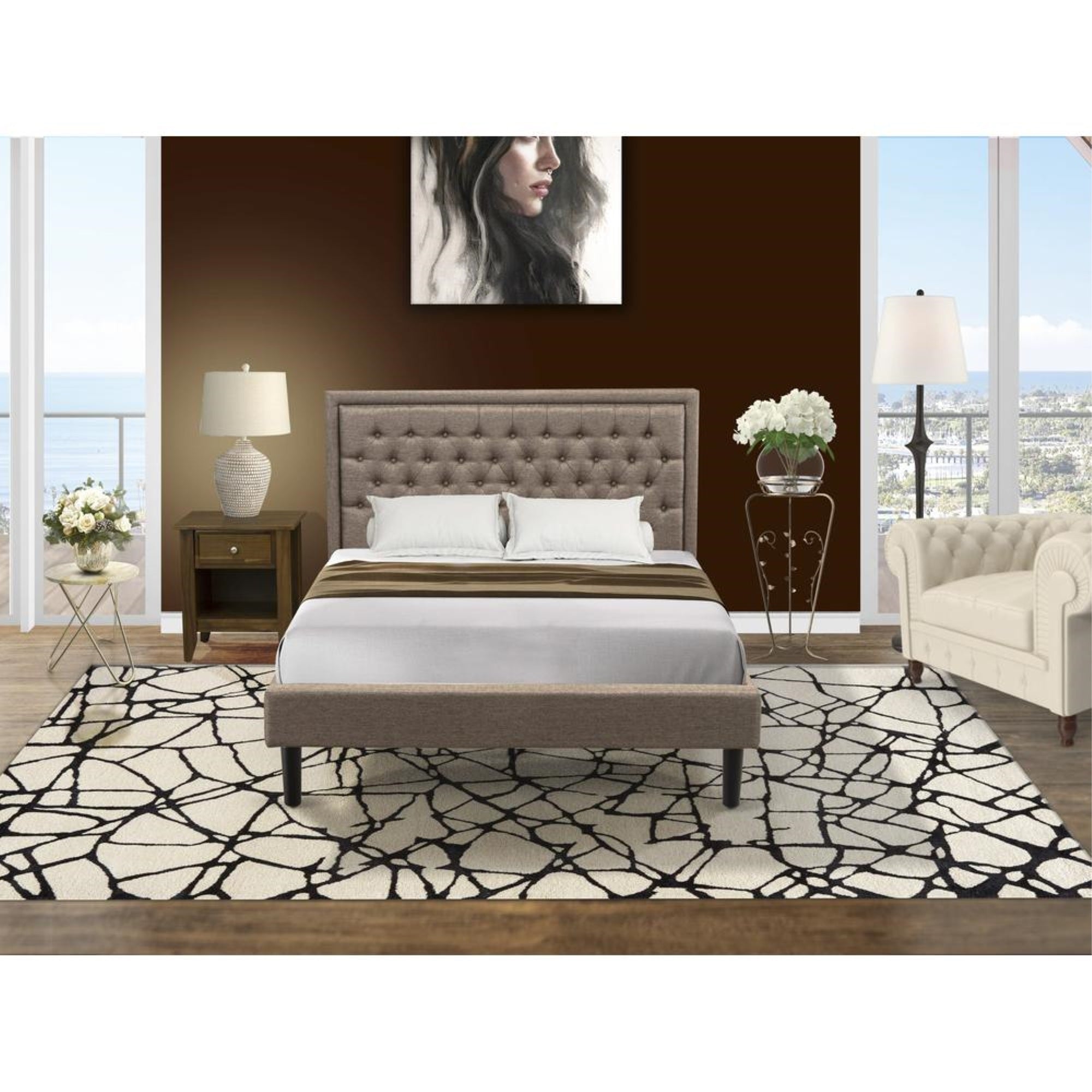 KD16Q-1GA08 2 Piece Queen Bed Set - Wood Bed Dark Khaki Headboard with 1 Modern Nightstand - Black Finish Legs