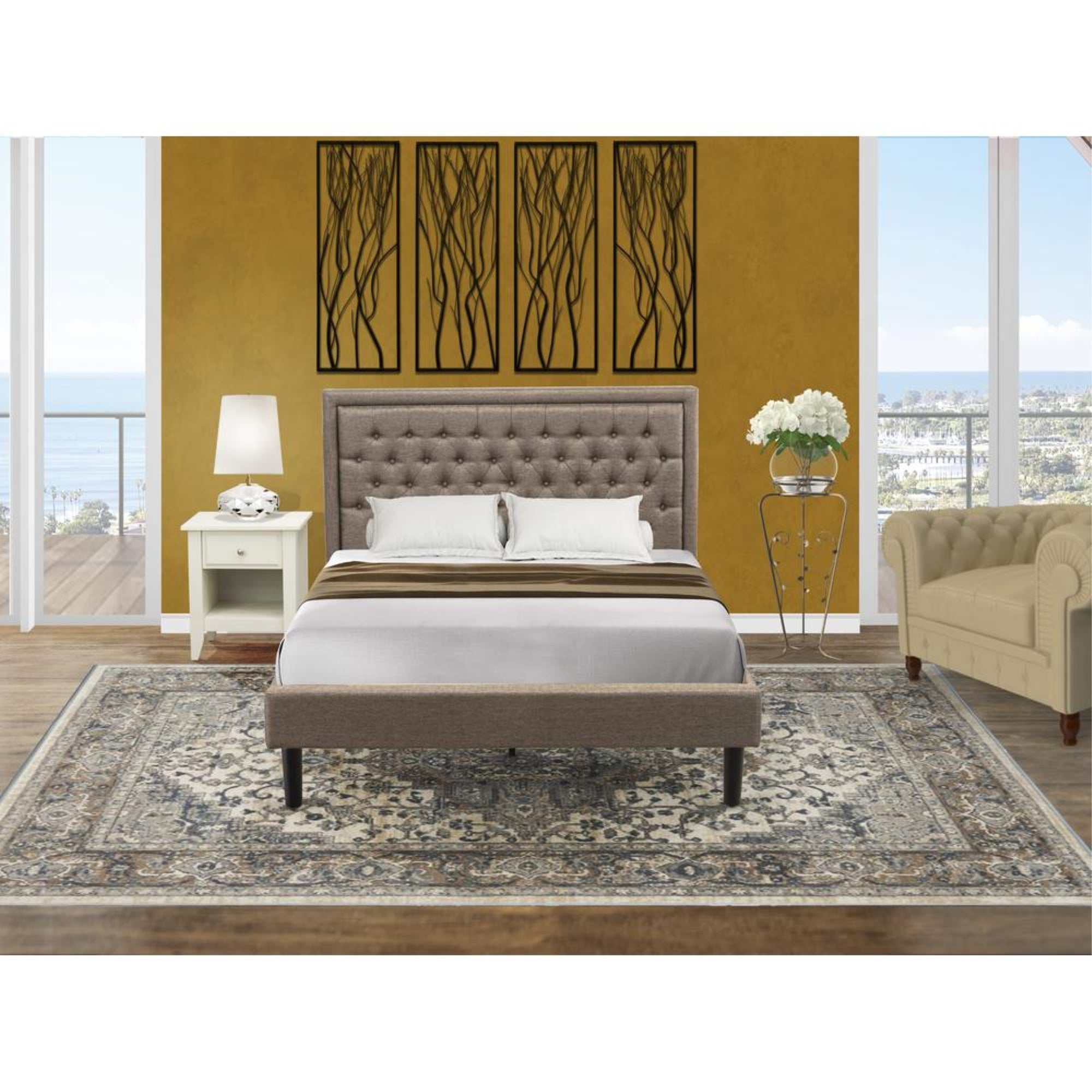 KD16Q-1GA0C 2 Piece Bed Set - Queen Size Bed Dark Khaki Headboard with 1 Small Night Stand - Black Finish Legs