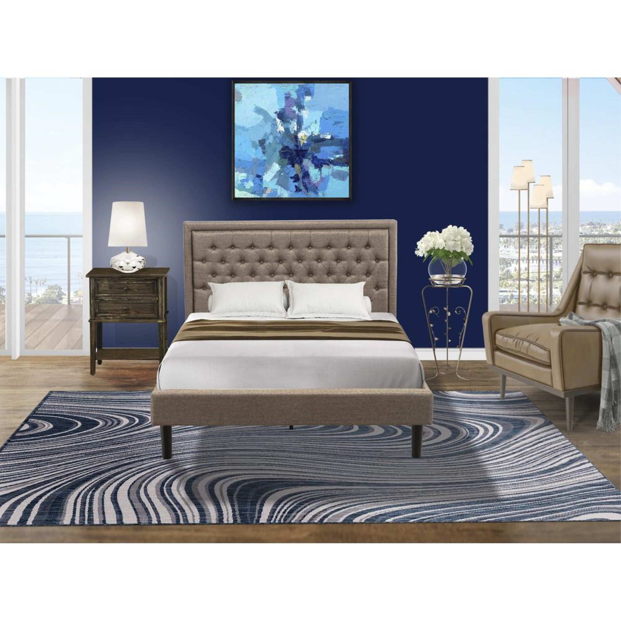 KD16Q-1VL07 2 Pc Queen Size Bed Set - Queen Bed Dark Khaki Headboard with 1 Nightstand - Black Finish Legs