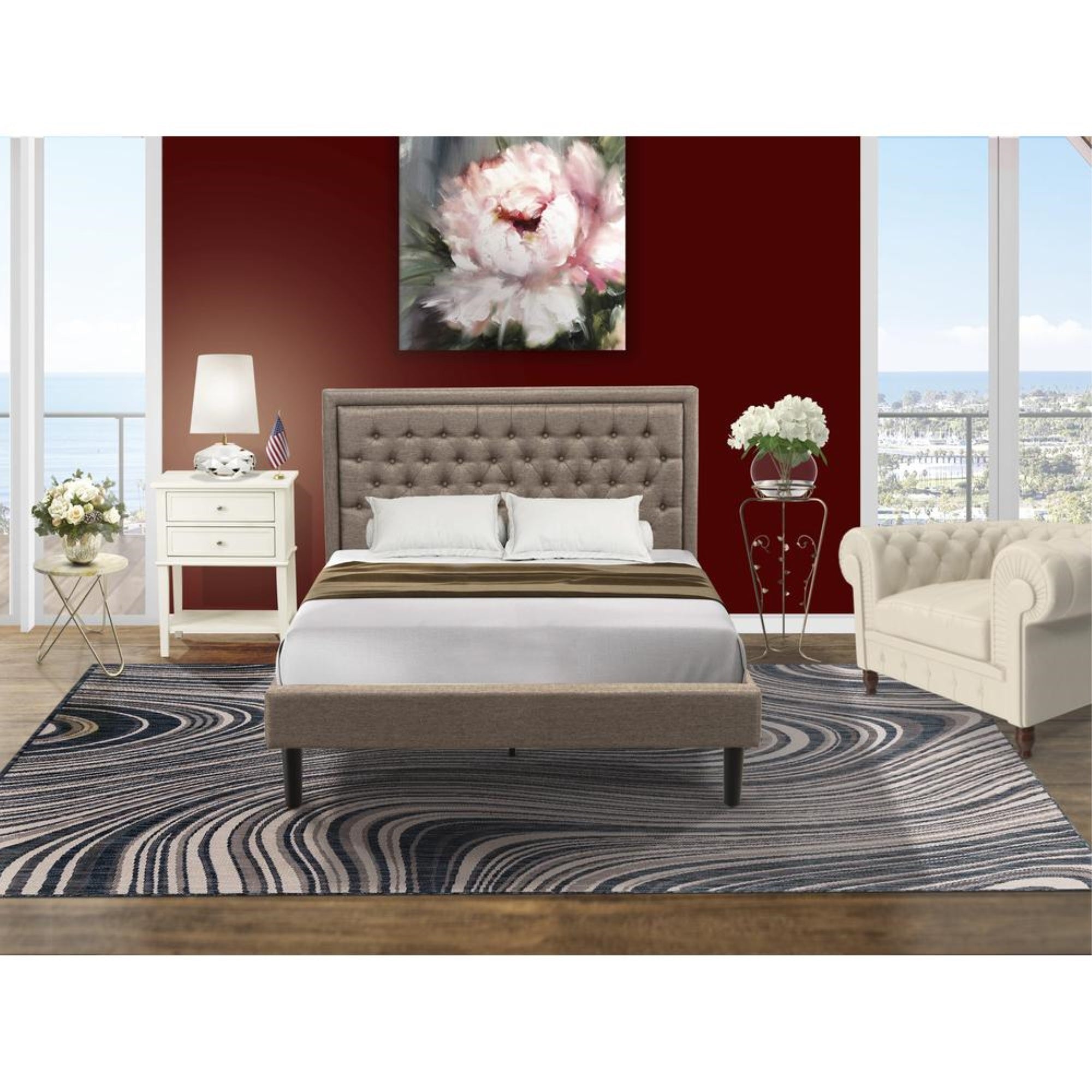 KD16Q-1VL0C 2 Pc Queen Bedroom Set - Queen Bed Dark Khaki Headboard with 1 Night Stand - Black Finish Legs