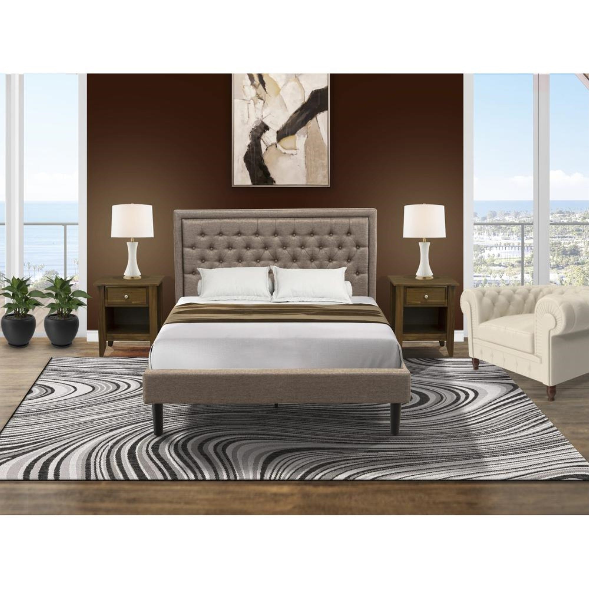 KD16Q-2GA08 3 Pc Queen Bedroom Set - Queen Bed Dark Khaki Headboard with 2 Night Stand - Black Finish Legs
