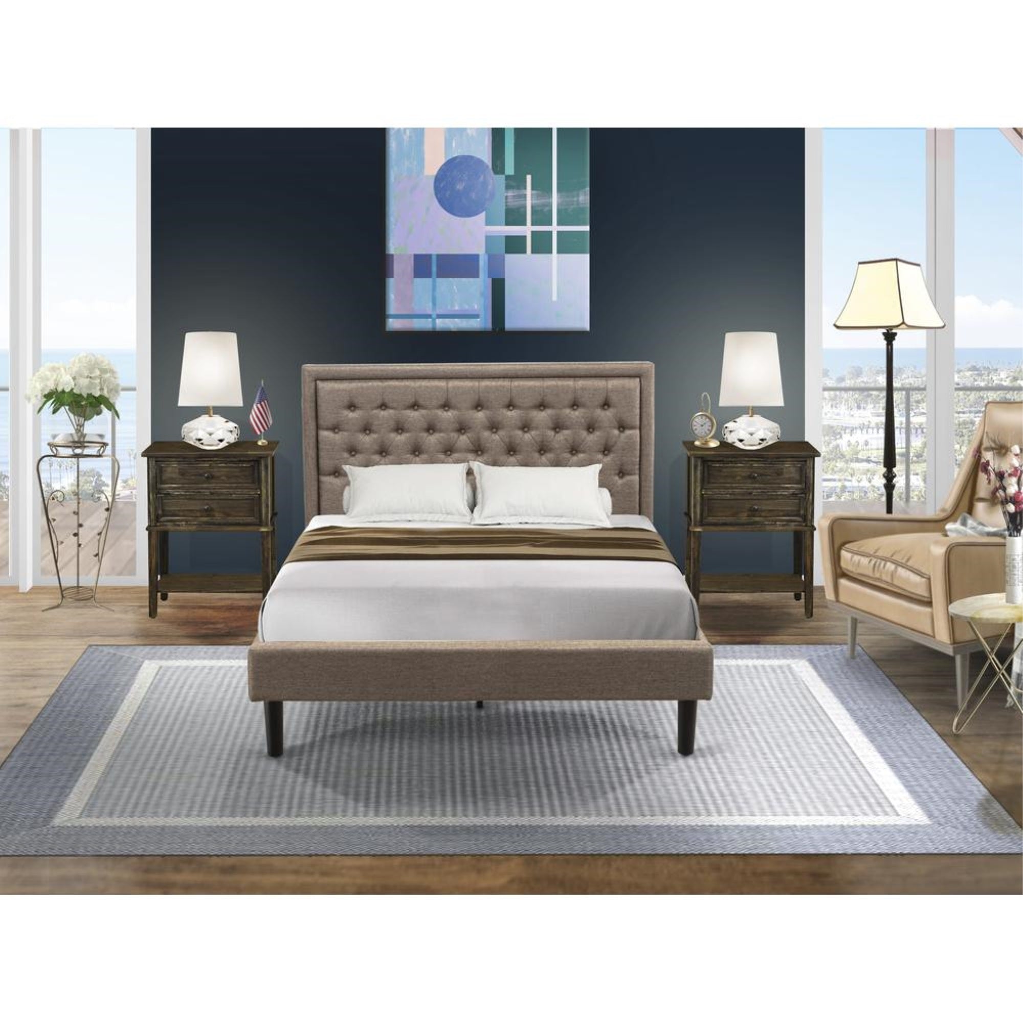KD16Q-2VL07 3 Piece Bedroom Set - Platform Bed Dark Khaki Headboard with 2 nightstands - Black Finish Legs