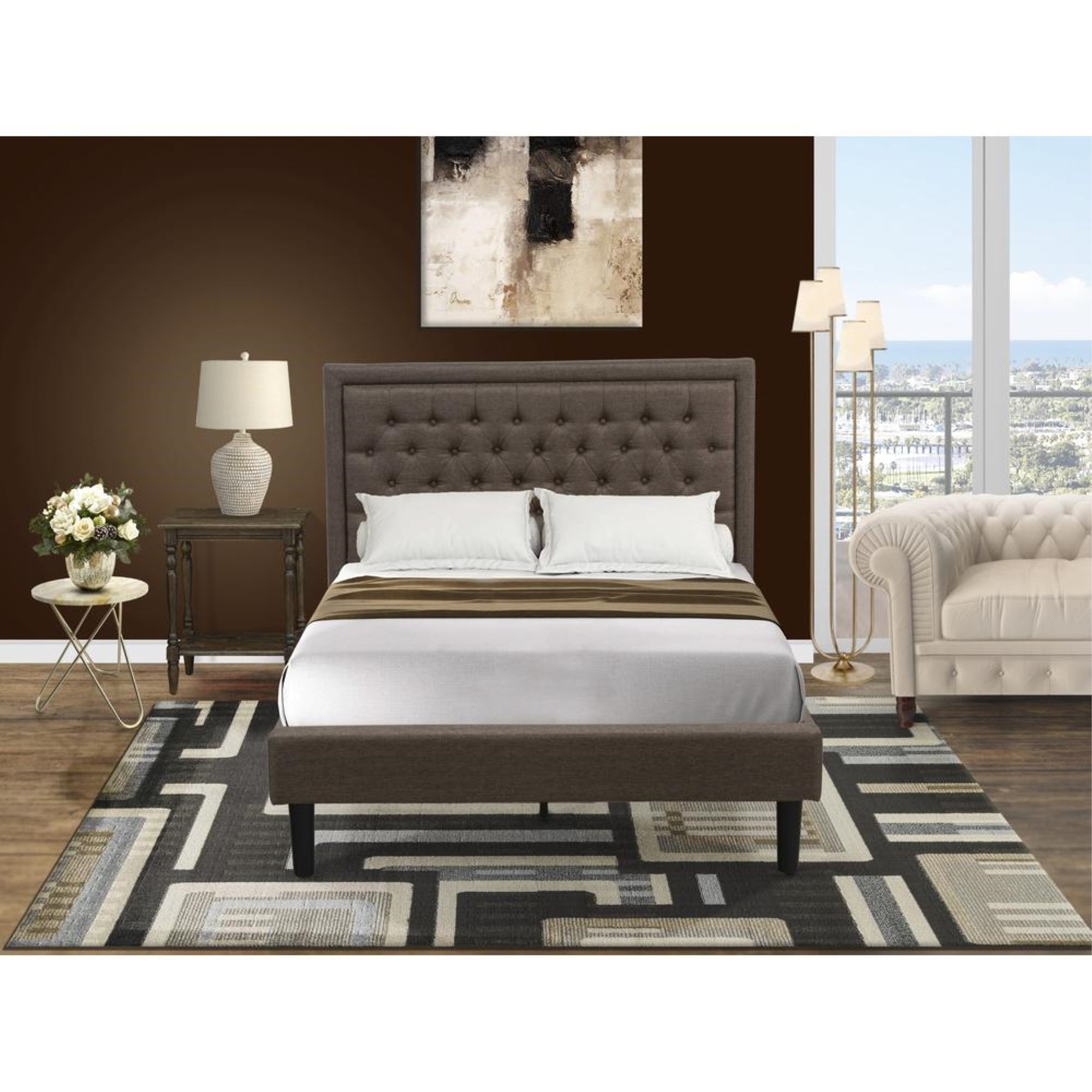 KD18F-1BF07 2 Pc Bedroom Set - Full Size Bed Brown Headboard with 1 Bedroom Nightstand - Black Finish Legs