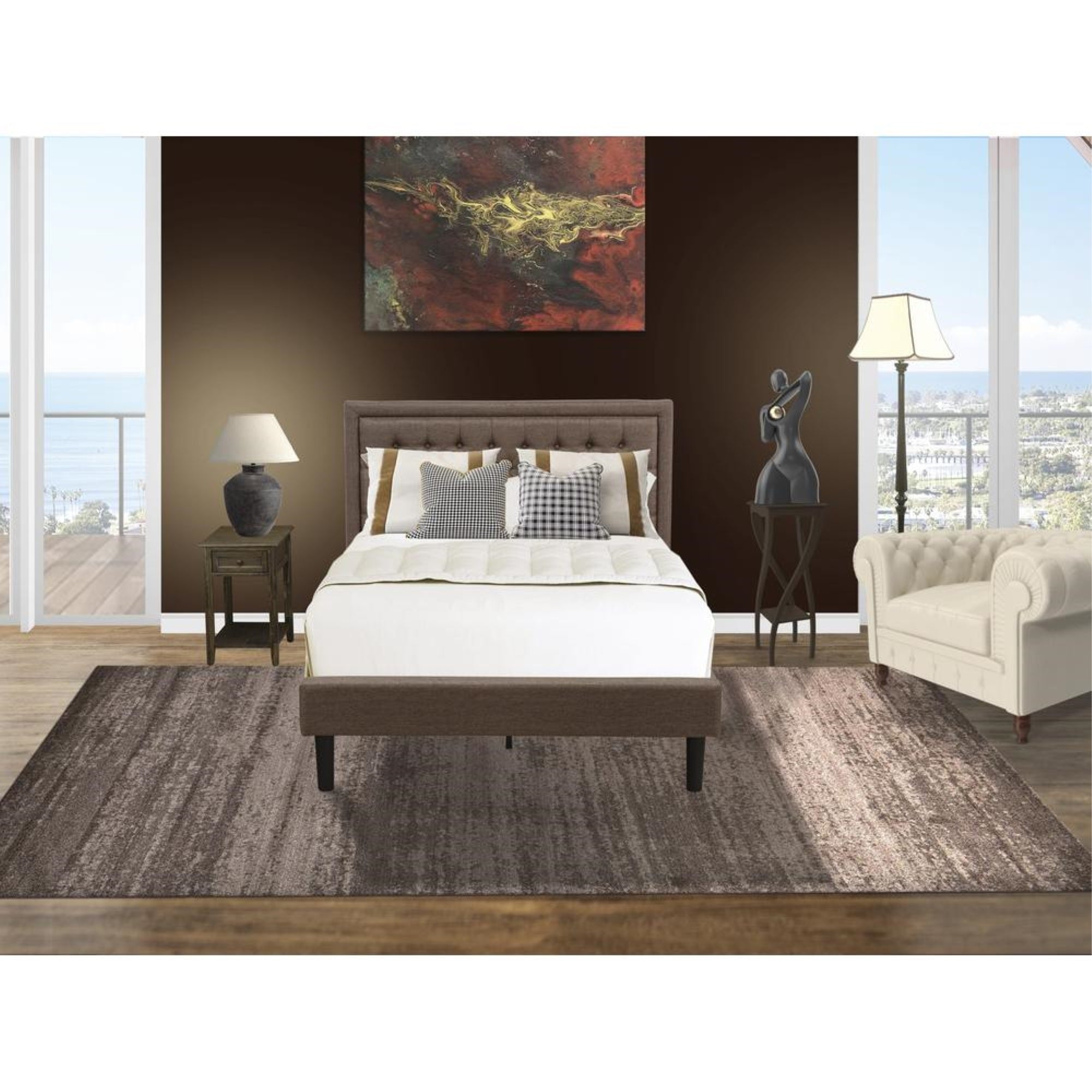 KD18F-1DE07 2 Pc Full Size Bed Set - Platform Bed Brown Headboard with 1 Wood Night Stand - Black Finish Legs