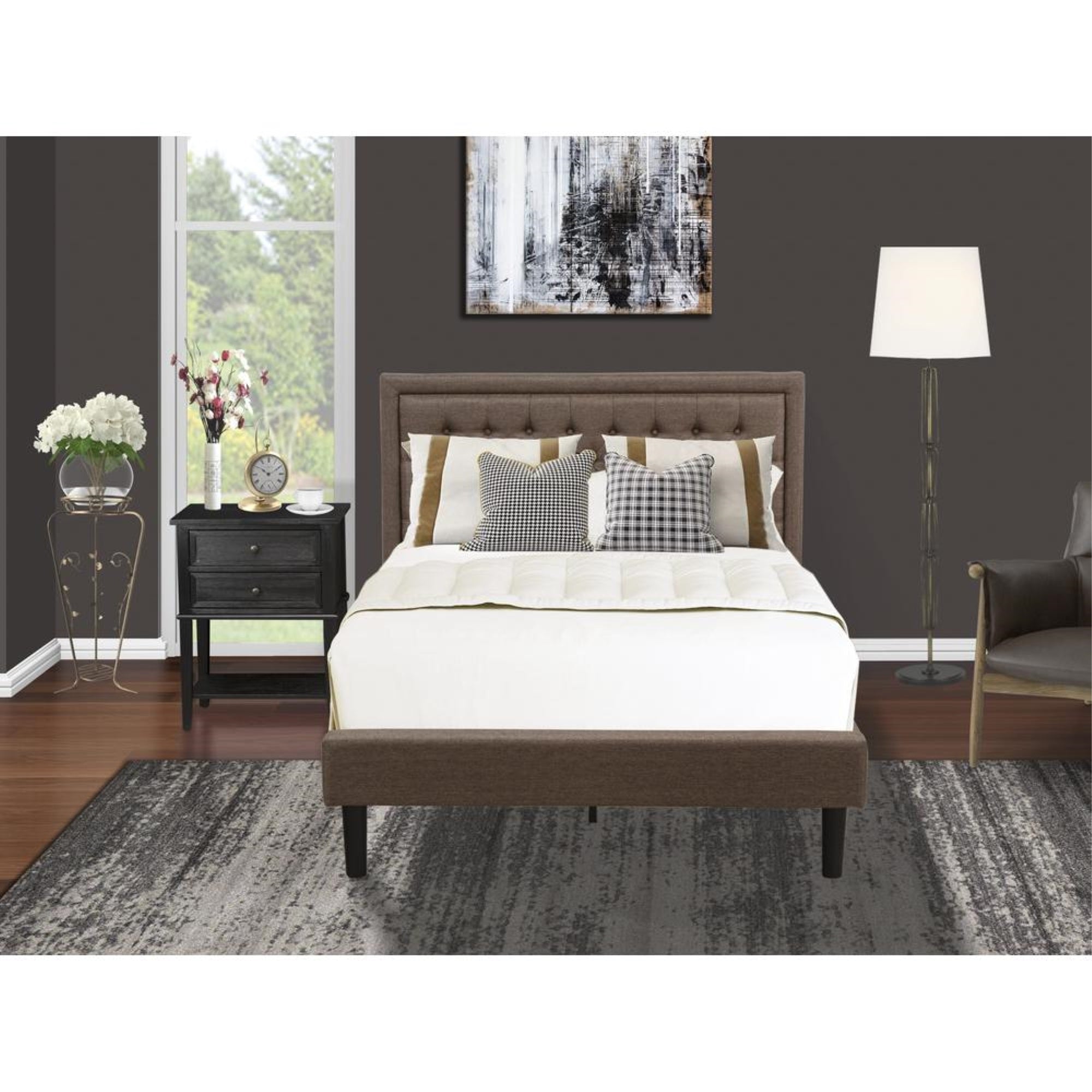 KD18F-1VL06 2 Piece Wooden Bedroom Set - Wood Bed Frame Brown Headboard with 1 Nightstand - Black Finish Legs
