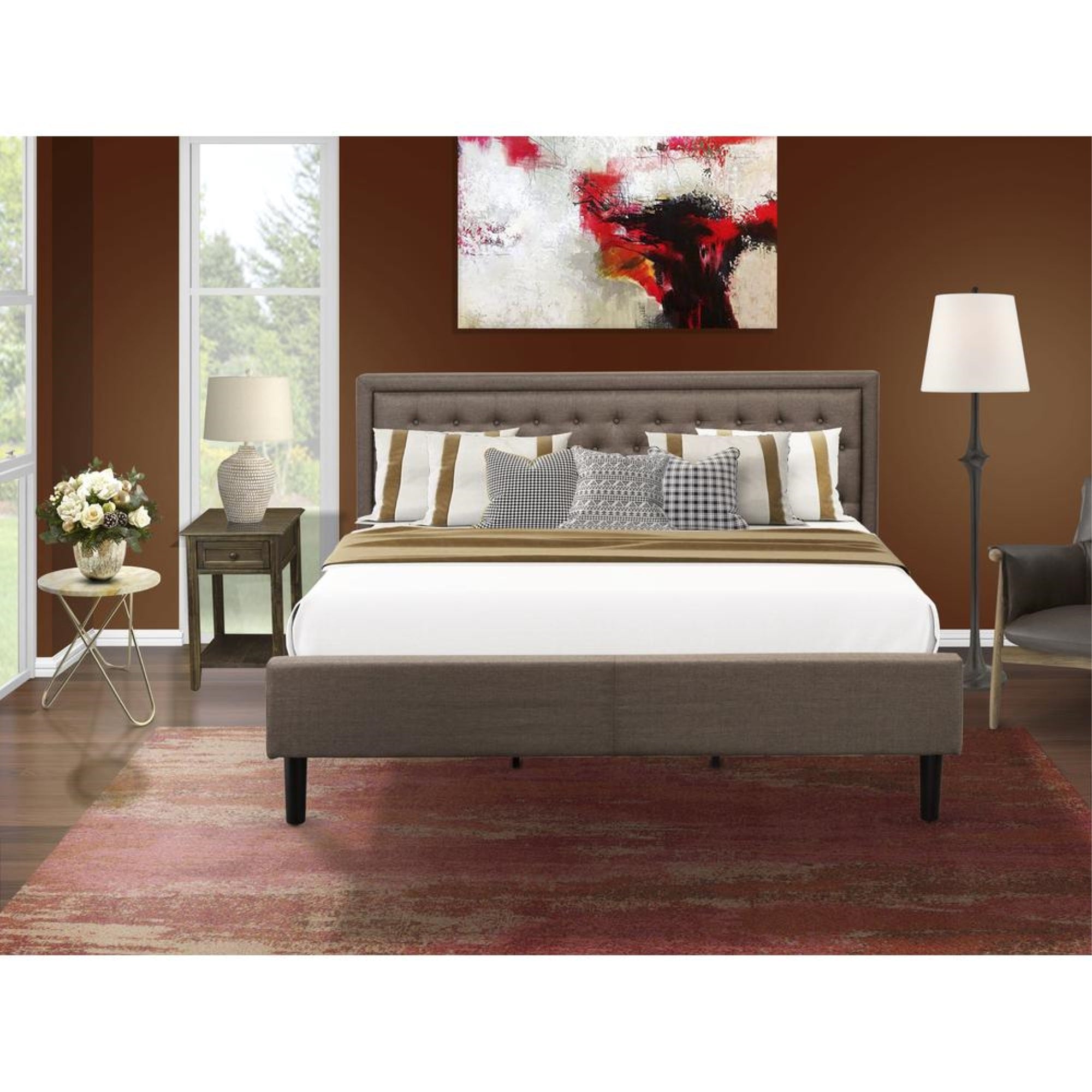 KD18K-1DE07 2 Pc King Bedroom Set - Bed Frame Brown Headboard with 1 Wooden Nightstand - Black Finish Legs