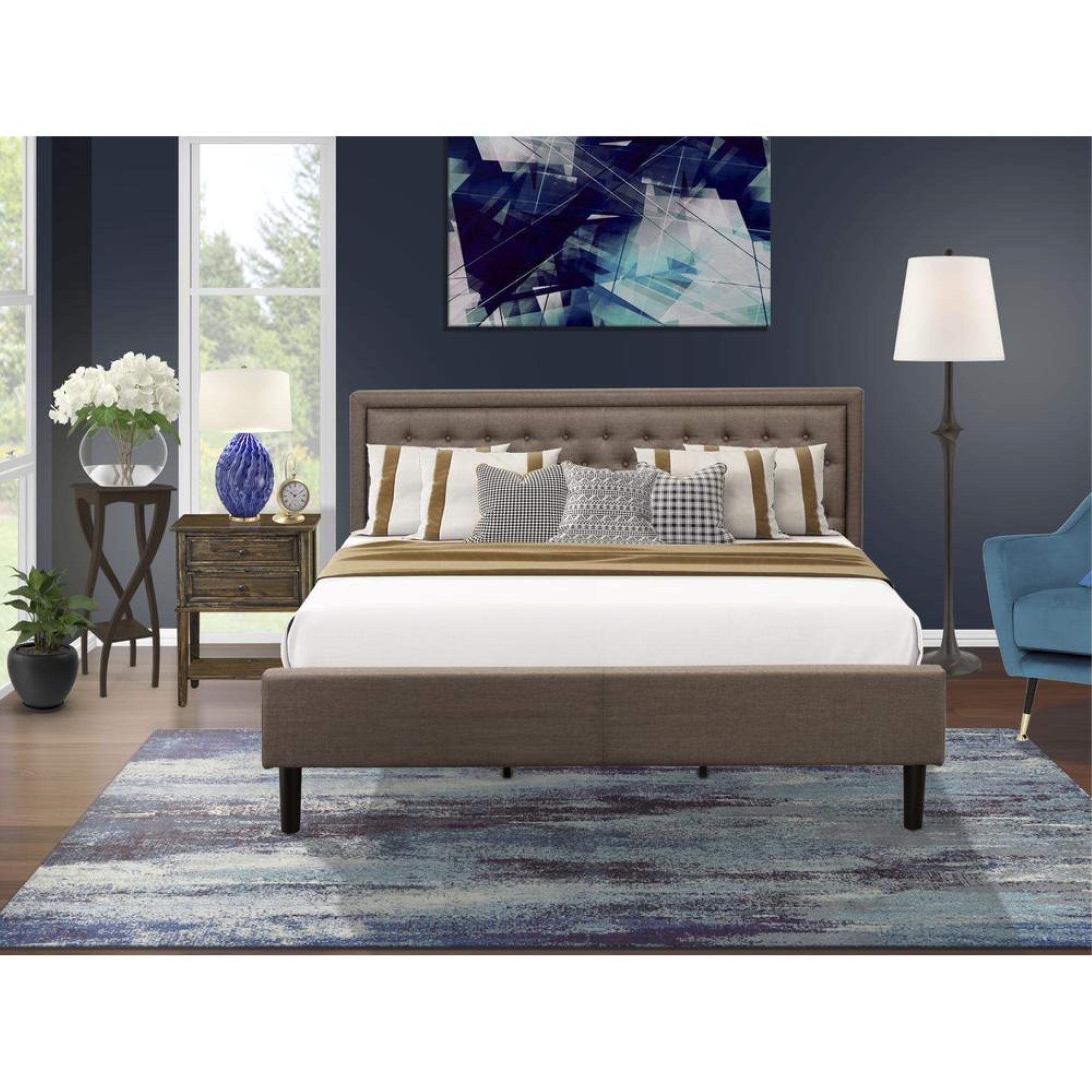 KD18K-1VL07 2 Piece Wooden Bedroom Set - Bed Frame Brown Headboard with 1 Small Nightstand - Black Finish Legs