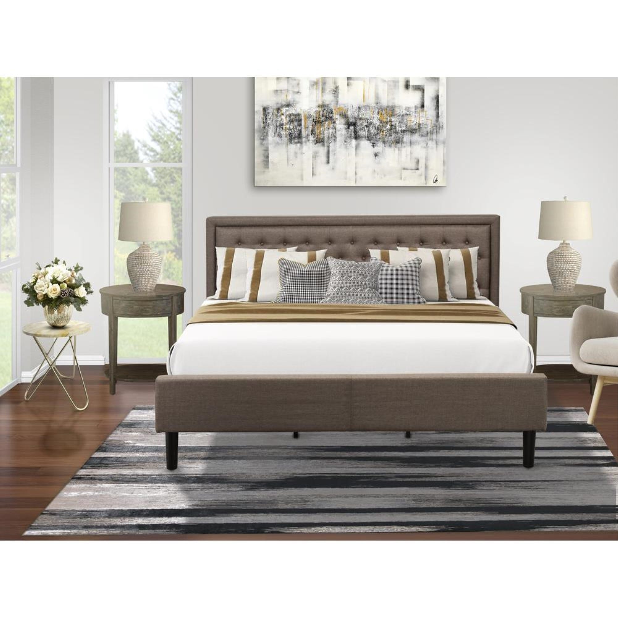 KD18K-2HI07 3 Piece King Bedroom Set - King Bed Brown Headboard with 2 Wooden Nightstand - Black Finish Legs
