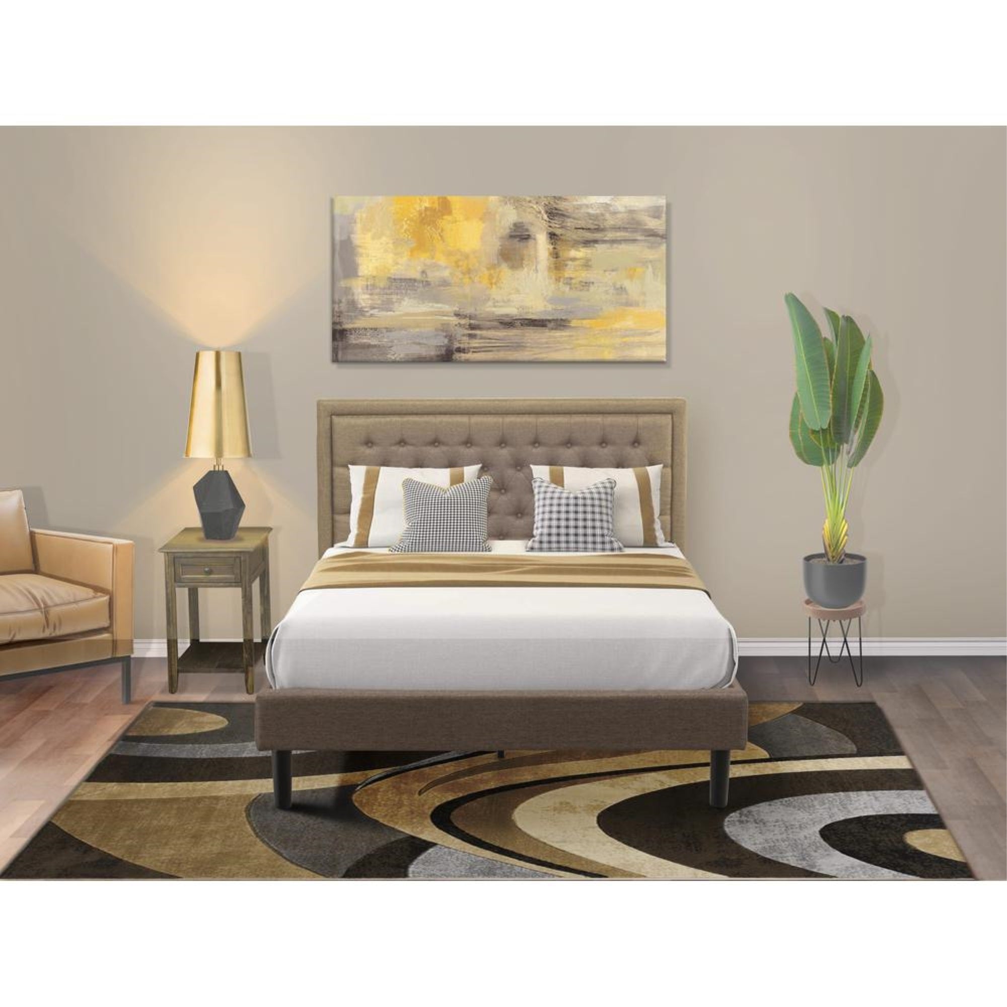 KD18Q-1DE07 2 Piece Queen Bed Set - Queen Bed Frame Size Brown Headboard with 1 Nightstand - Black Finish Legs