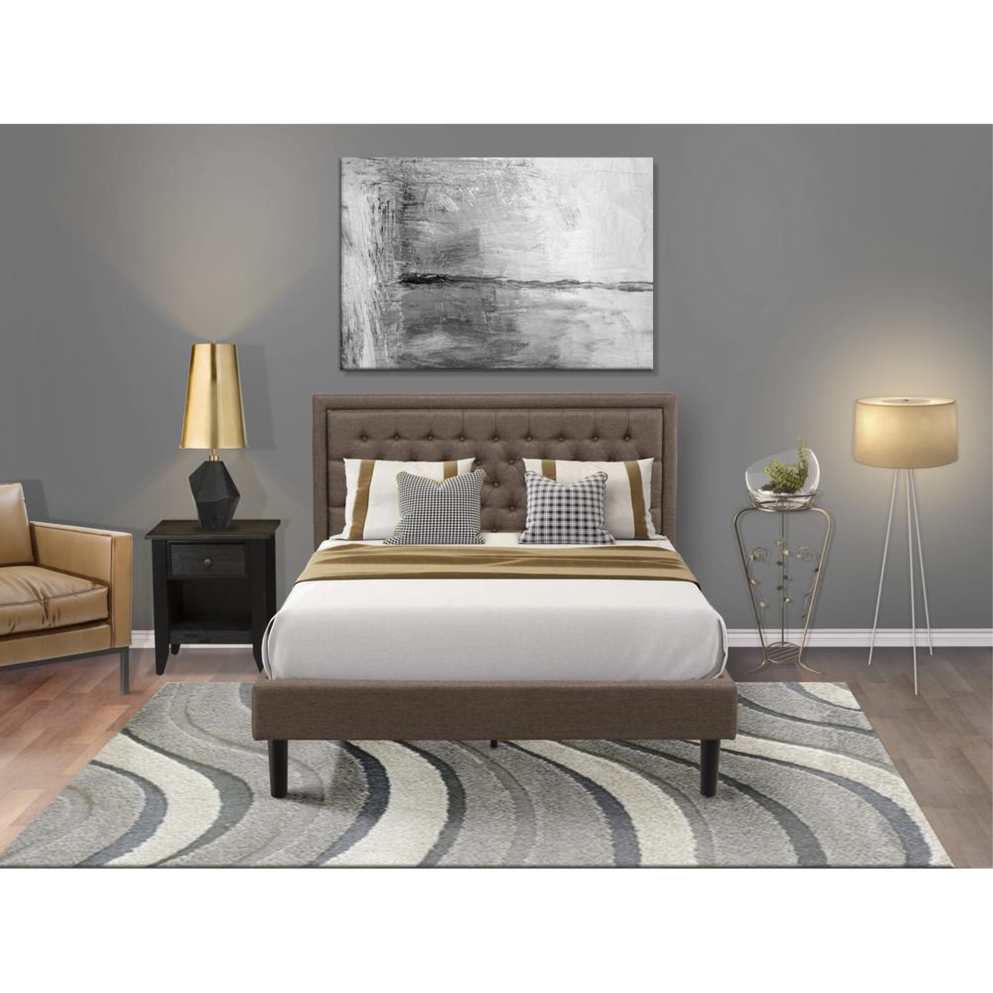KD18Q-1GA06 2 Piece Queen Bed Set - Wooden Bed Frame Brown Headboard with 1 Night Stand - Black Finish Legs