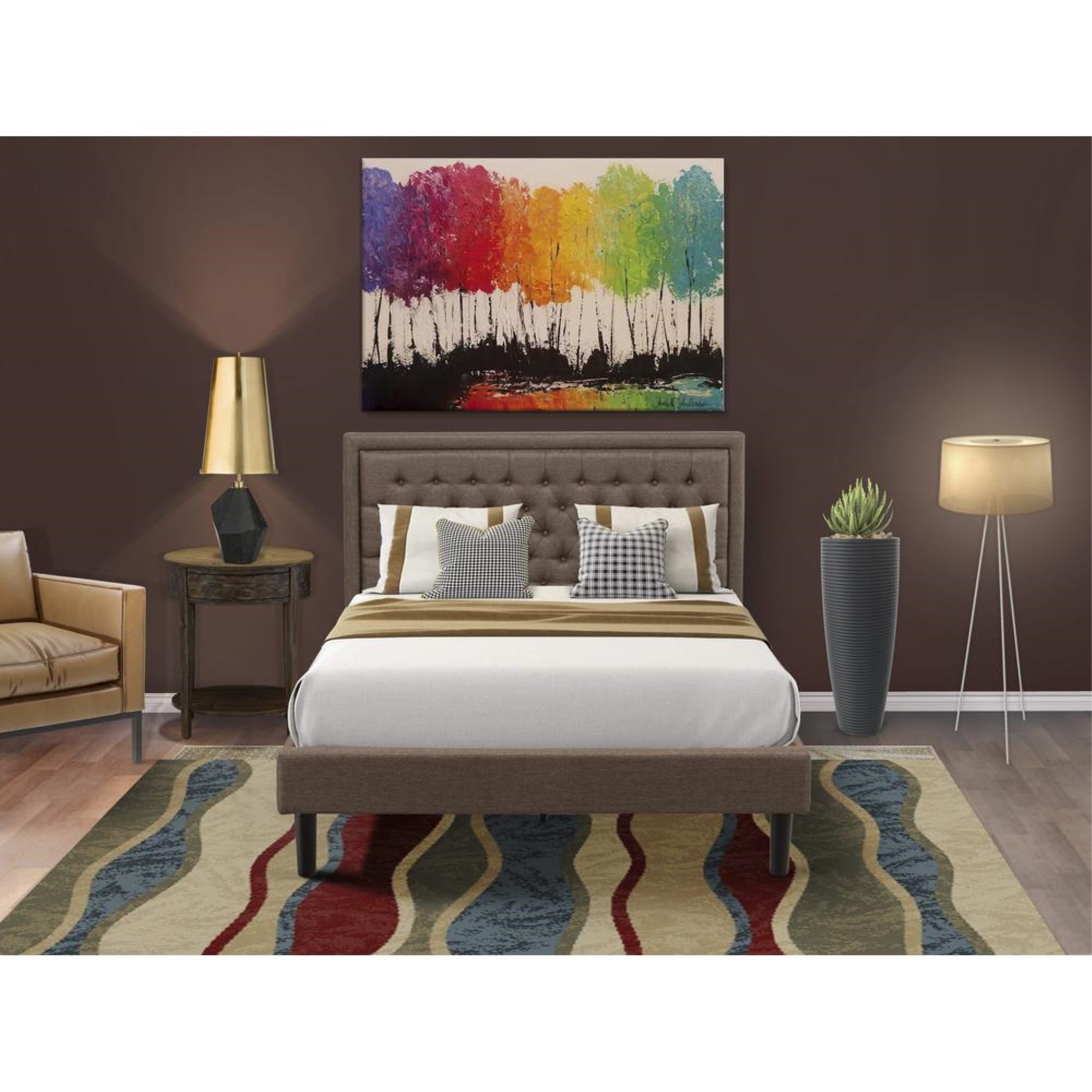 KD18Q-1HI07 2 Piece Queen Bedroom Set - Bed Frame Brown Headboard with 1 Wooden Nightstand - Black Finish Legs