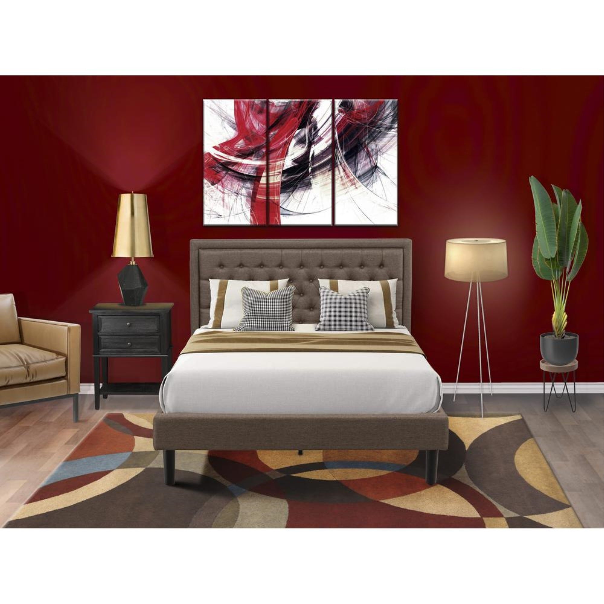 KD18Q-1VL06 2 Pc Queen Bed Set - Wood Bed Brown Headboard with 1 Night Stand For Bedroom - Black Finish Legs