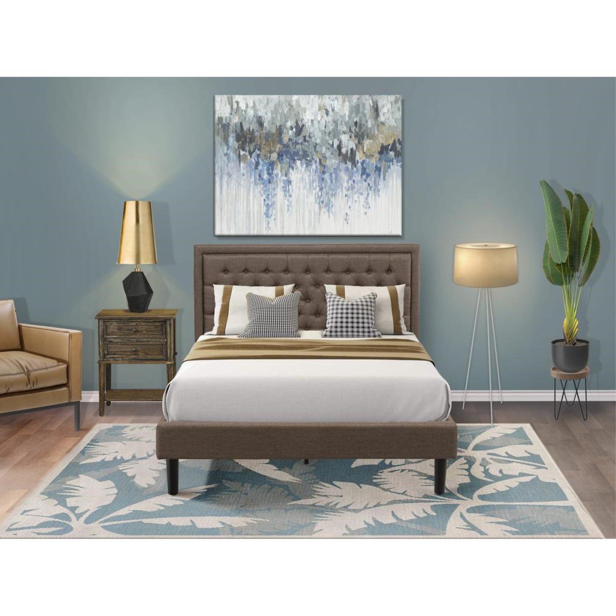 KD18Q-1VL07 2 Pc Queen Bedroom Set - Queen Bed Brown Headboard with 1 Wooden Nightstand - Black Finish Legs