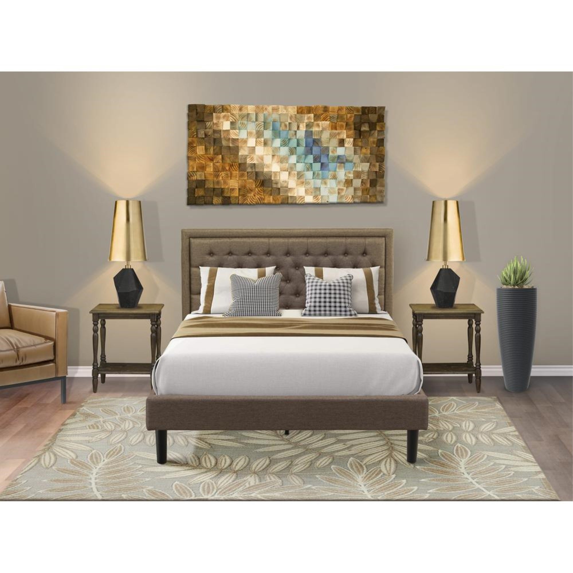 KD18Q-2BF07 3 Pc Queen Bed Set - Platform Bed Brown Headboard with 2 Small Nightstand - Black Finish Legs