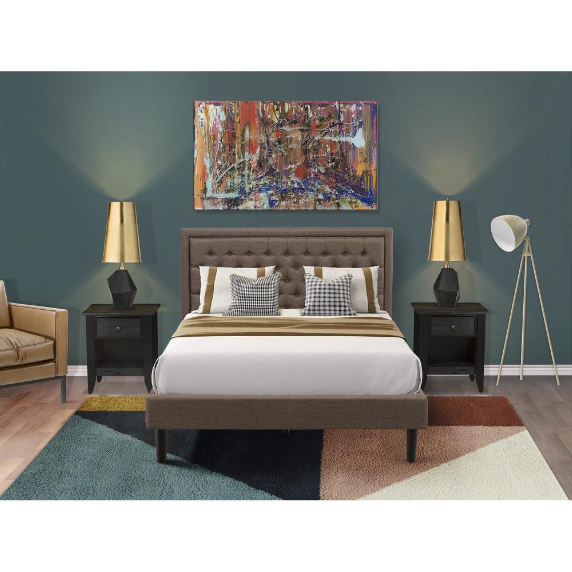 KD18Q-2GA06 3 Pc Queen Bed Set - Queen Size Bed Frame Brown Headboard with 2 Night Stands - Black Finish Legs