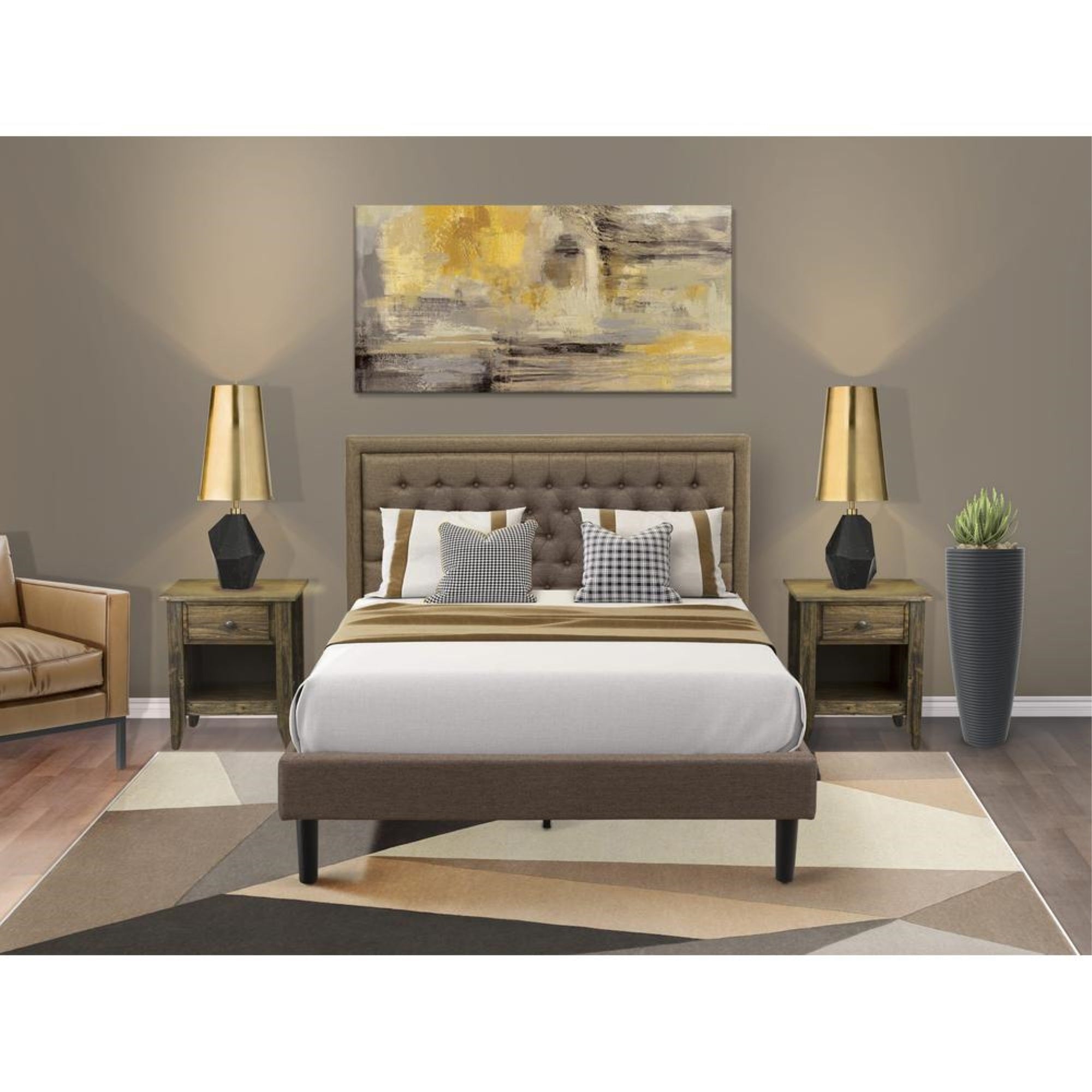 KD18Q-2GA07 3 Pc Bed Set - Queen Size Bed Frame Brown Headboard with 2 Bedroom Nightstand - Black Finish Legs