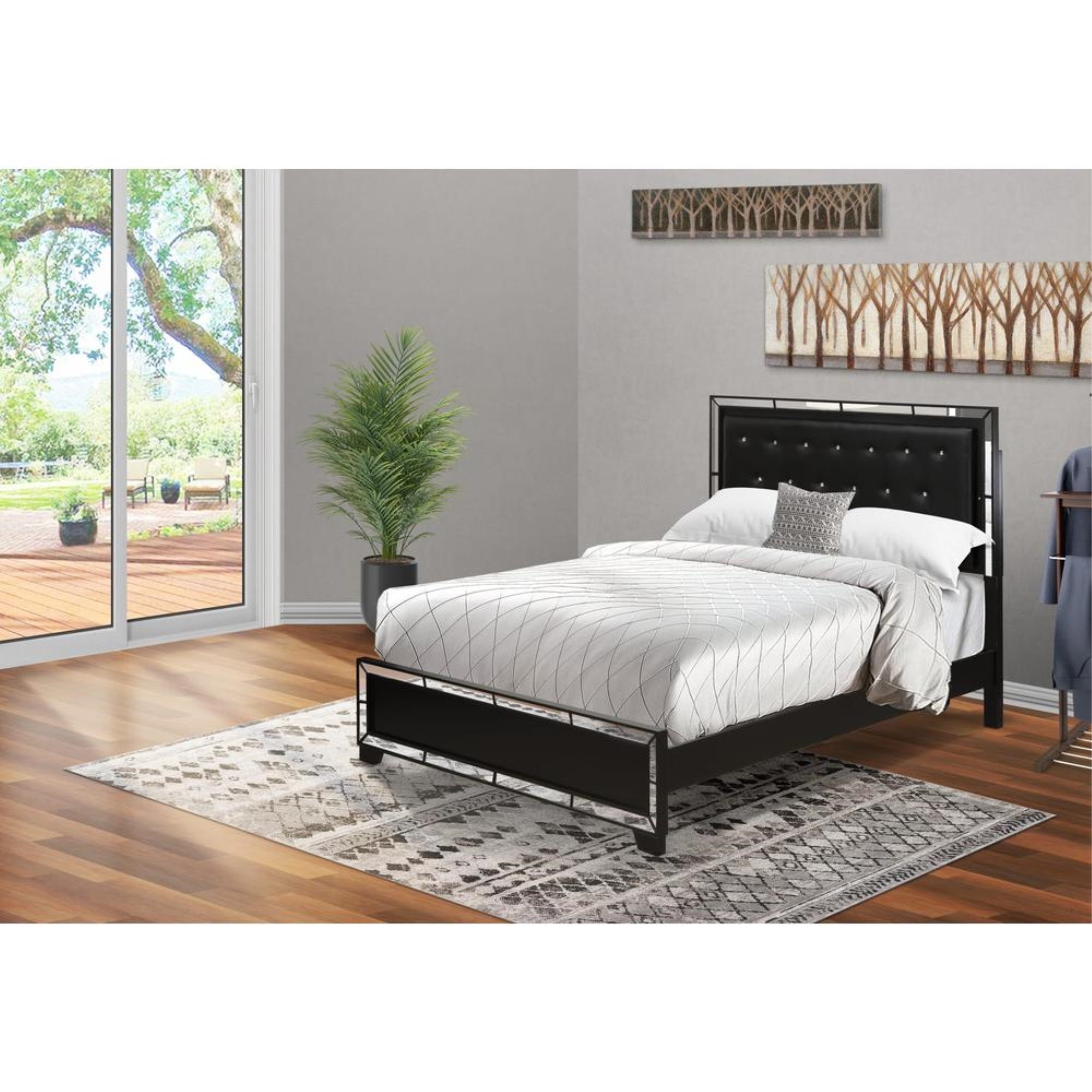 NE11-Q00000 Nella Platform Bed Frame with Button Tufted Headboard - Black Leather Headboard and Black Legs - Queen Size