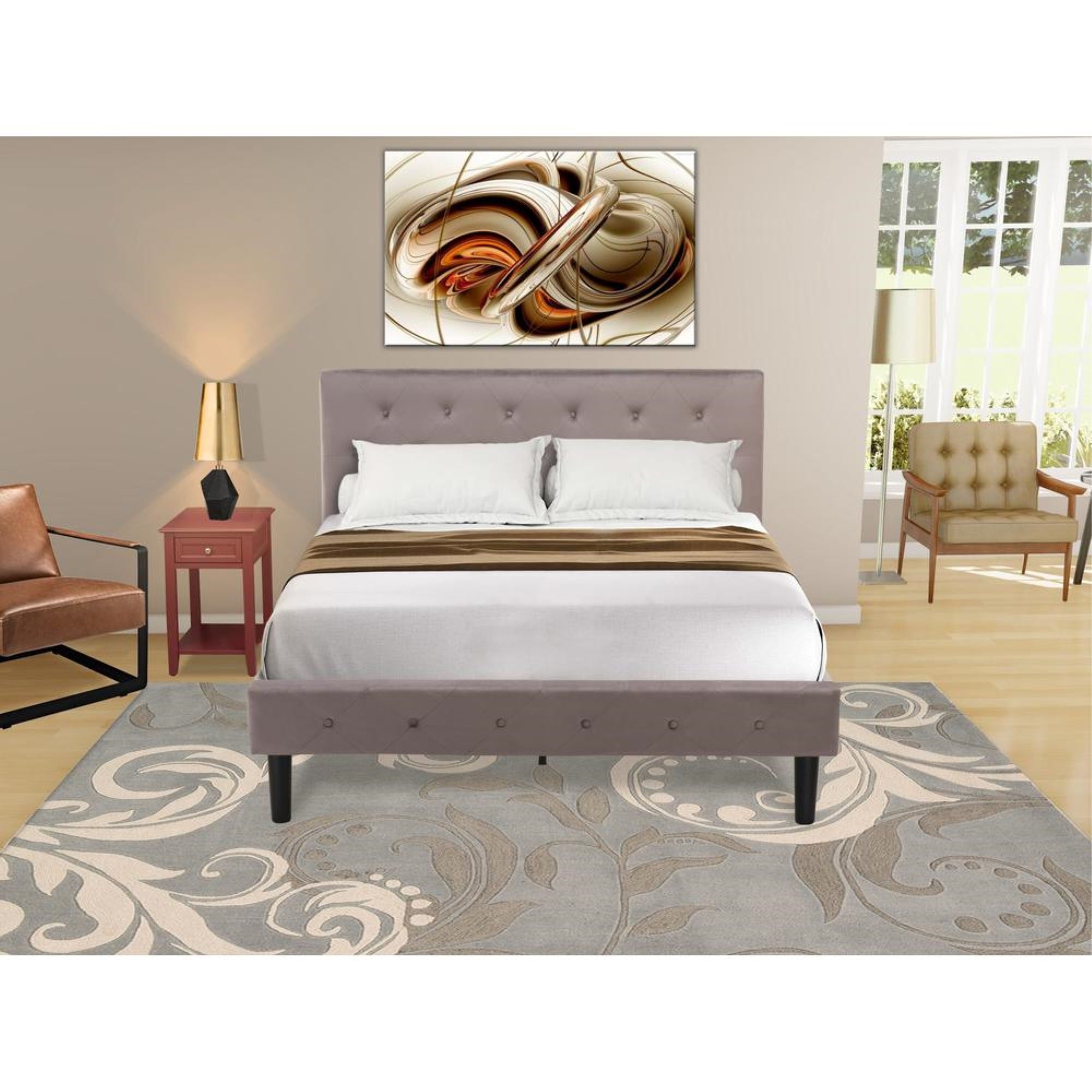 NL14F-1DE13 2 Piece Full Bed Set - 1 Bed Brown Taupe Velvet Fabric Headboard and 1 Modern Nightstand - Burgundy Finish Nightstand