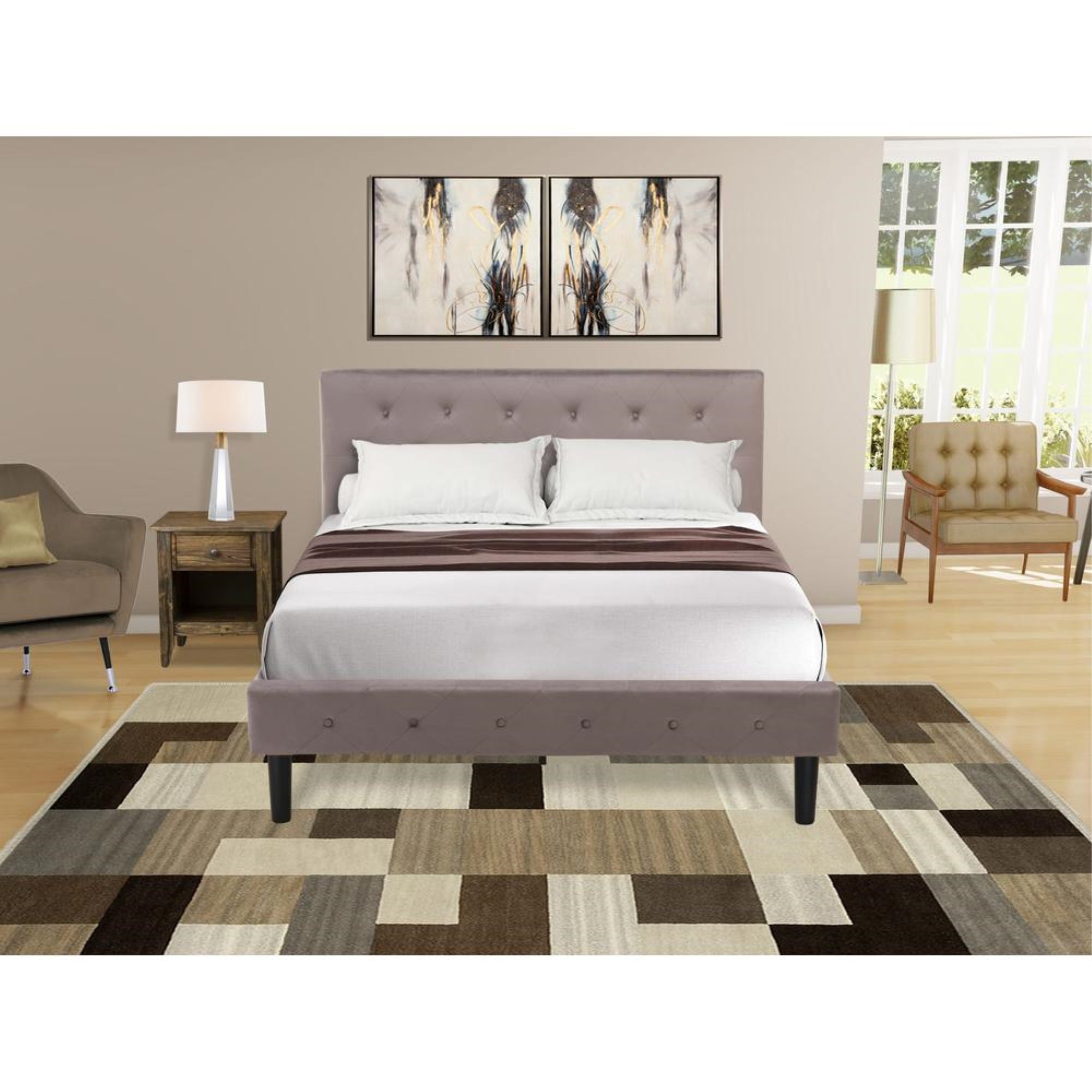 NL14F-1GA07 2 Piece Bed Set - 1 Bed Brown Taupe Velvet Fabric Headboard and 1 Nightstand - Distressed Jacobean Finish Nightstand