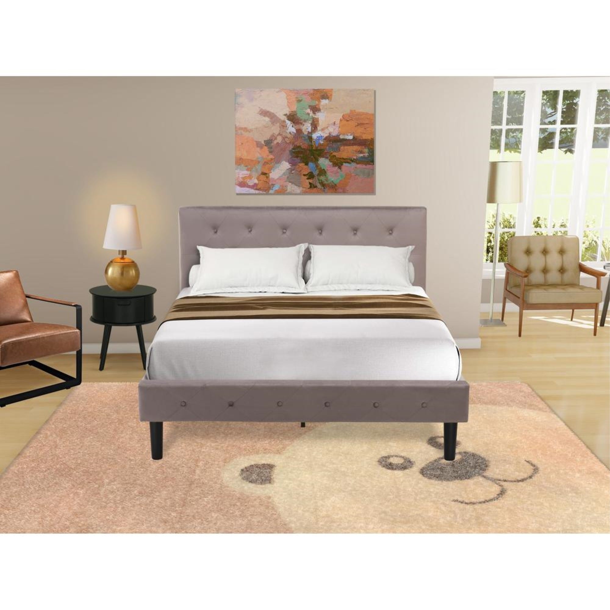NL14F-1GO11 2 Pc Bedroom Set - 1 Wood Bed Brown Taupe Velvet Fabric Headboard and 1 Nightstand Bedroom - Black Finish Nightstand