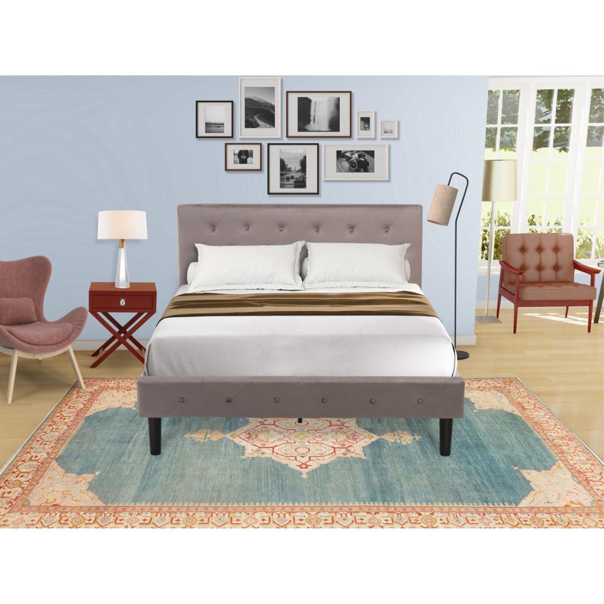 NL14F-1HA13 2 Piece Full Bed Set - 1 Bed Brown Taupe Velvet Fabric Headboard and 1 Bedroom Nightstand - Burgundy Finish Nightstand